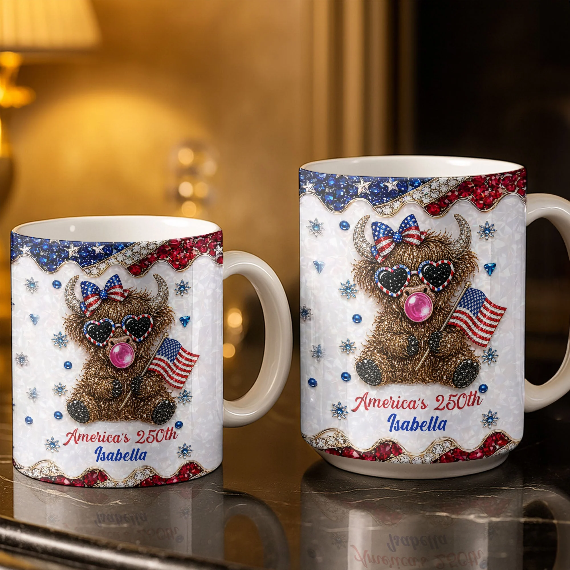 Americas 250th Cute Highland Cow Bubblegum - Personalized White Mug - Gift For Her - Image 3