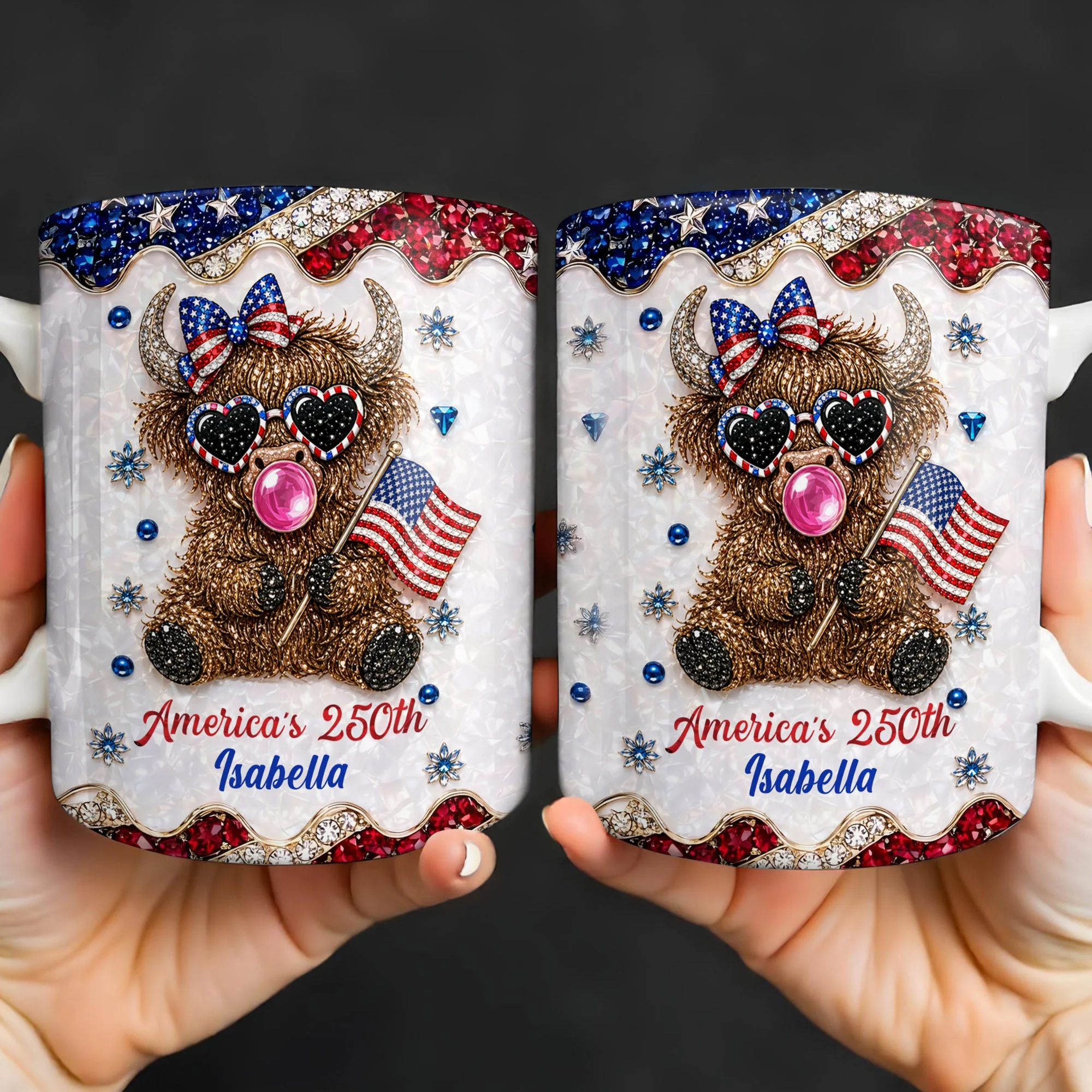 Americas 250th Cute Highland Cow Bubblegum - Personalized White Mug - Gift For Her - Image 4