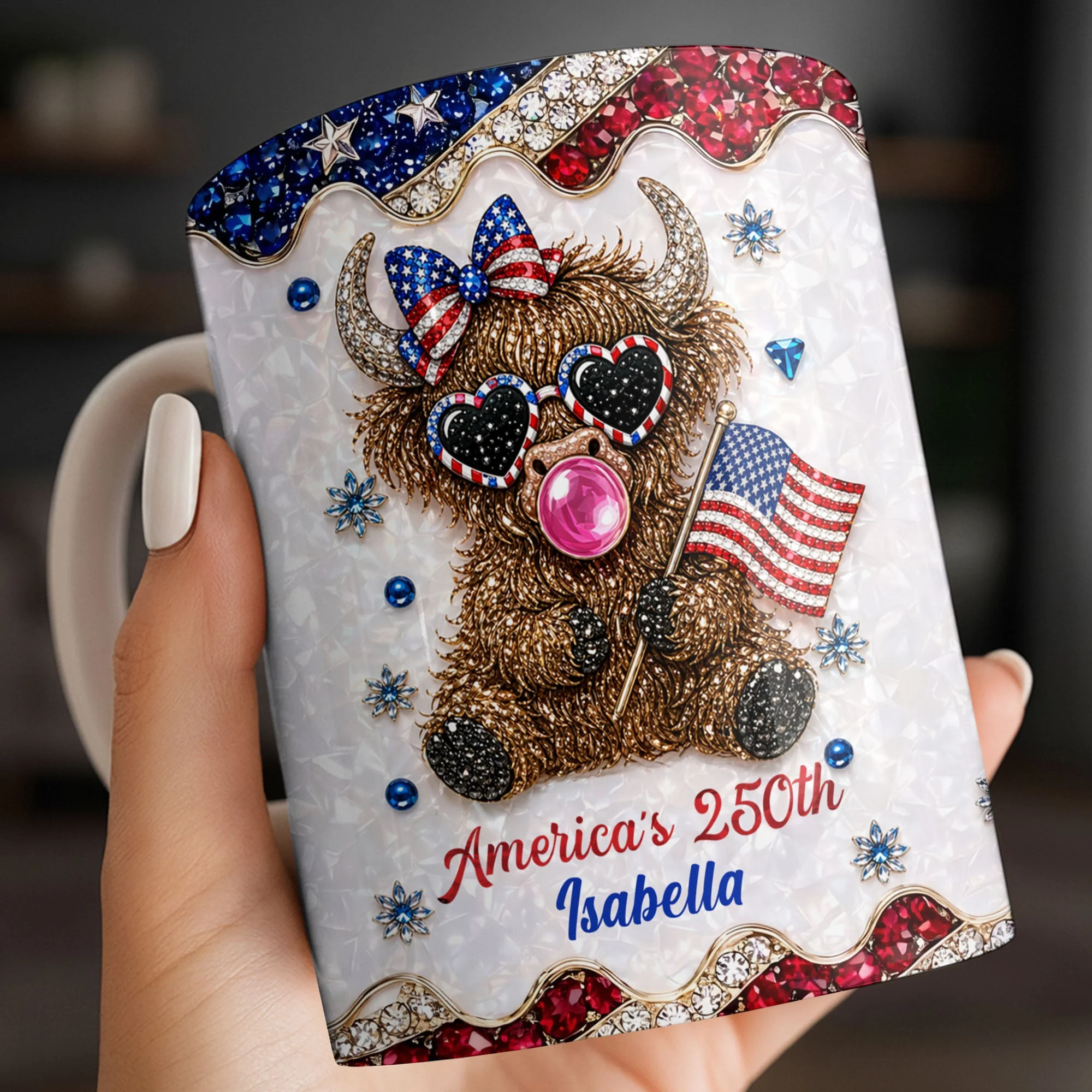 Americas 250th Cute Highland Cow Bubblegum - Personalized White Mug - Gift For Her - Image 5