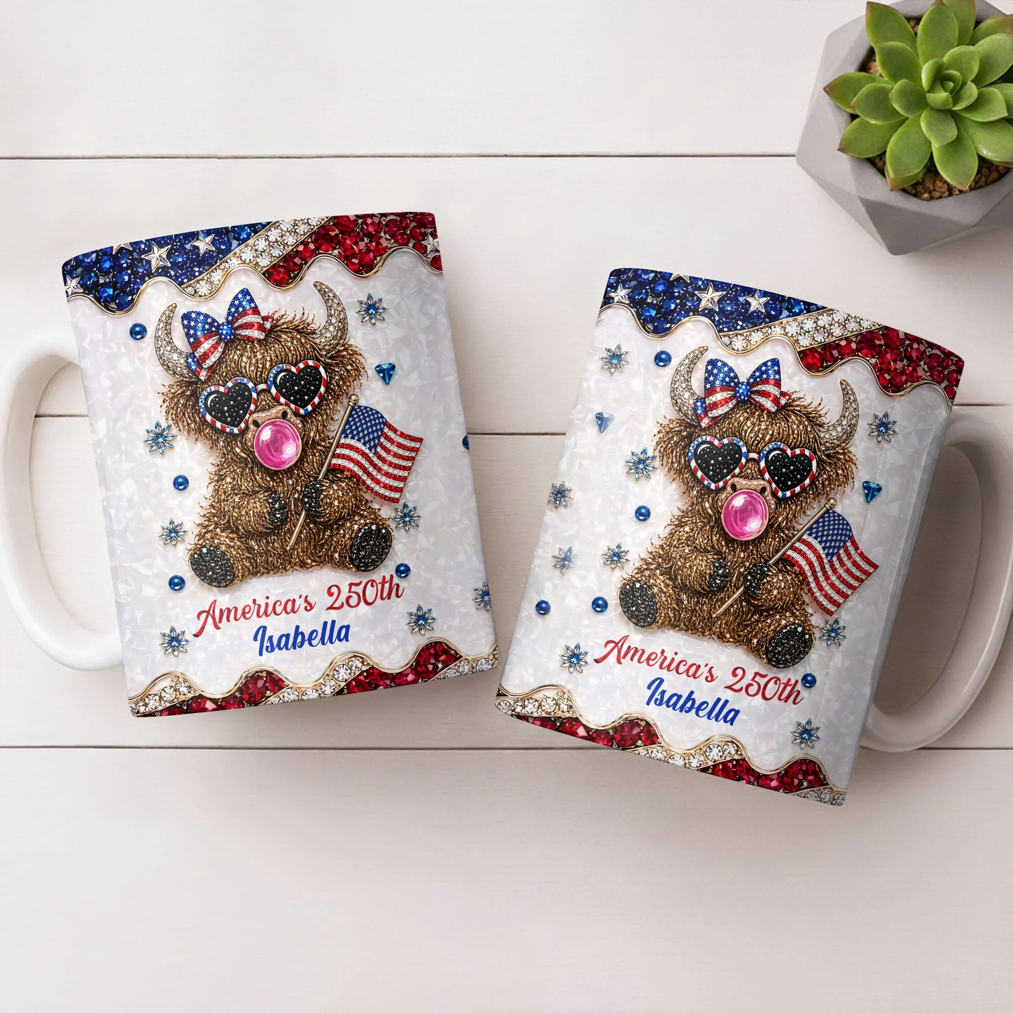 Americas 250th Cute Highland Cow Bubblegum - Personalized White Mug - Gift For Her - Image 7