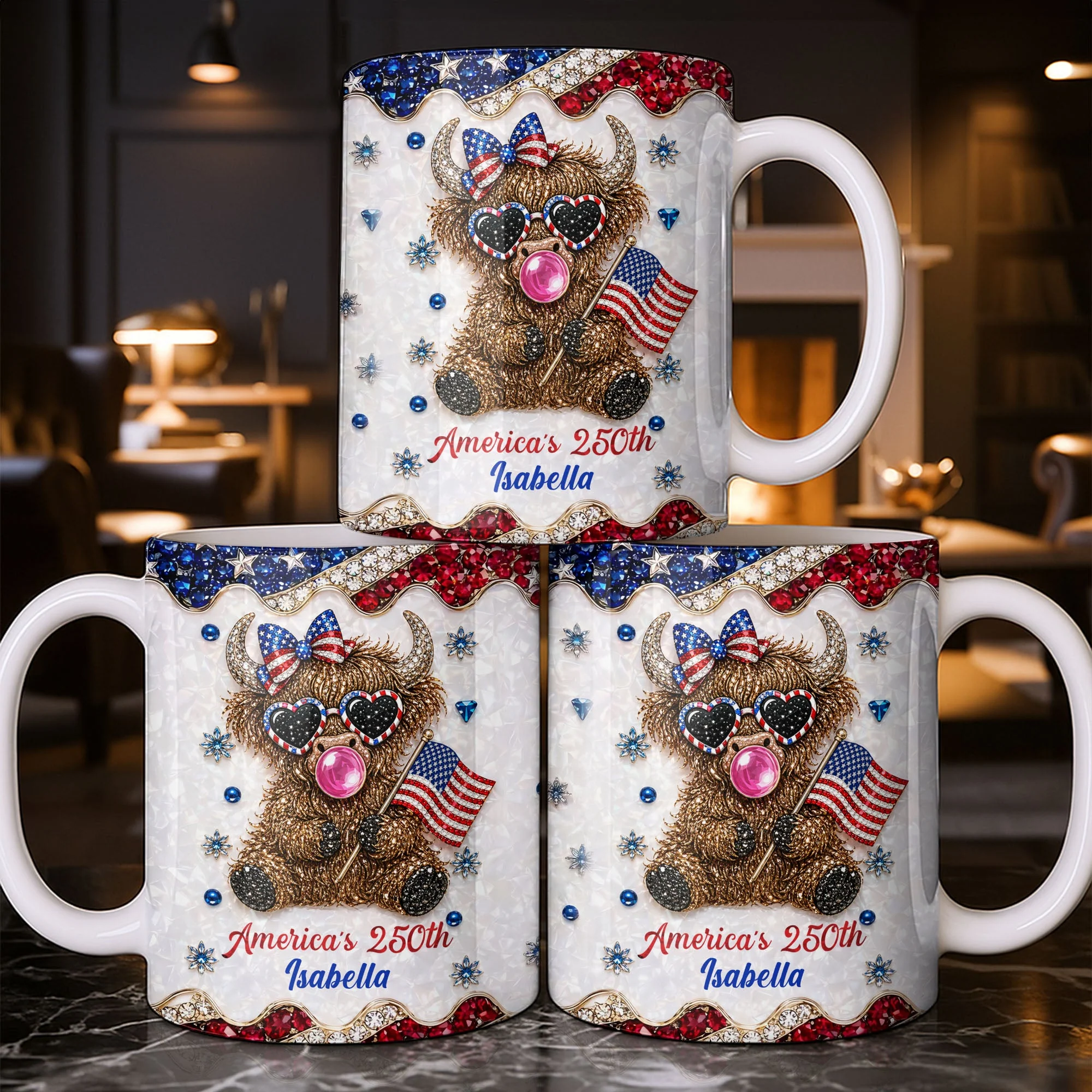Americas 250th Cute Highland Cow Bubblegum - Personalized White Mug - Gift For Her - Image 8