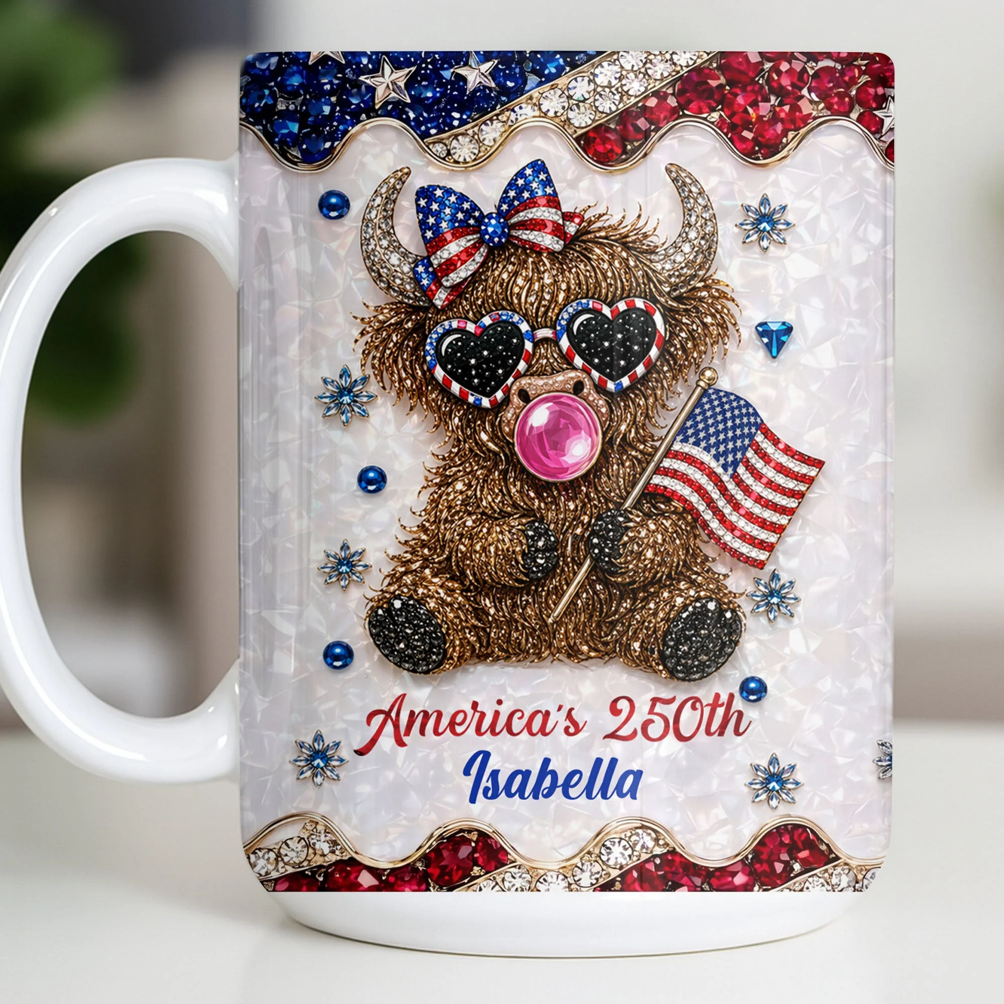 Americas 250th Cute Highland Cow Bubblegum - Personalized White Mug - Gift For Her - Image 9
