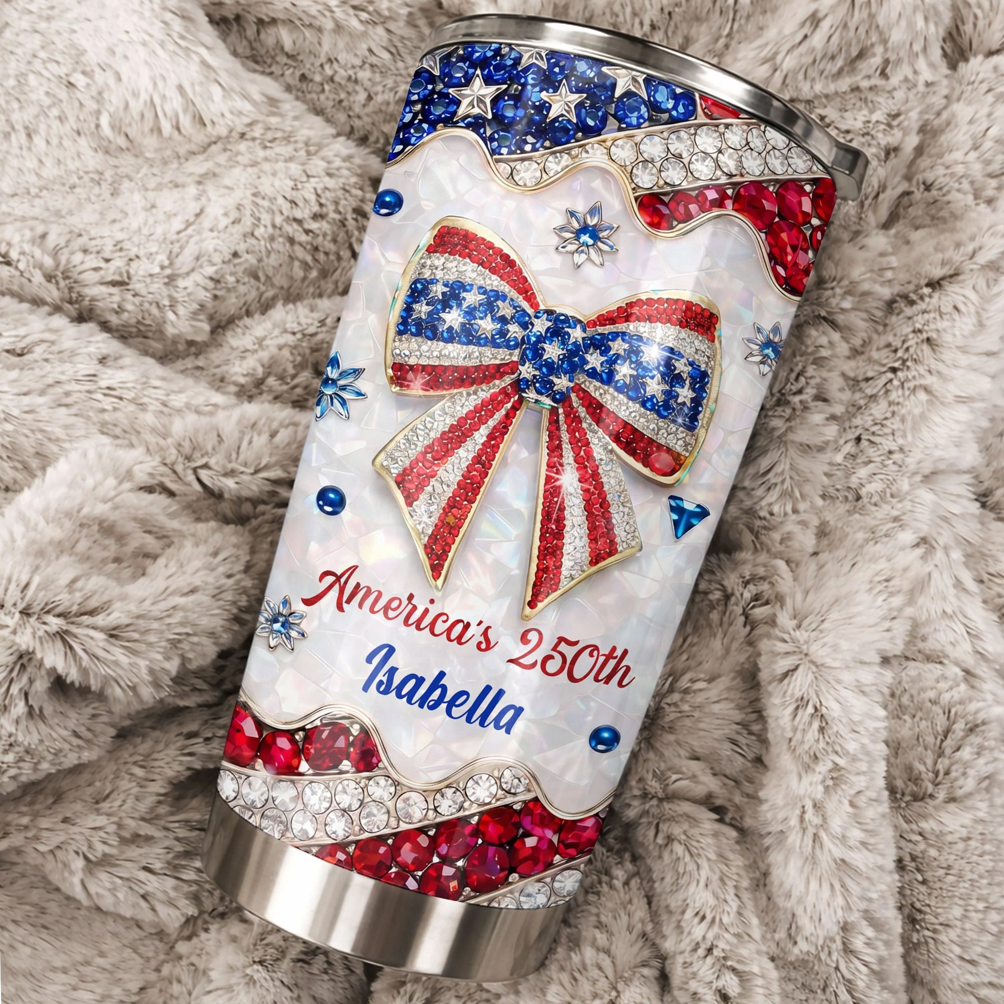 America's 250th Patriotic Bow With Jewels And Glitter - Personalized Stainless Steel Tumbler - Gift For Patriotic Women - Image 2