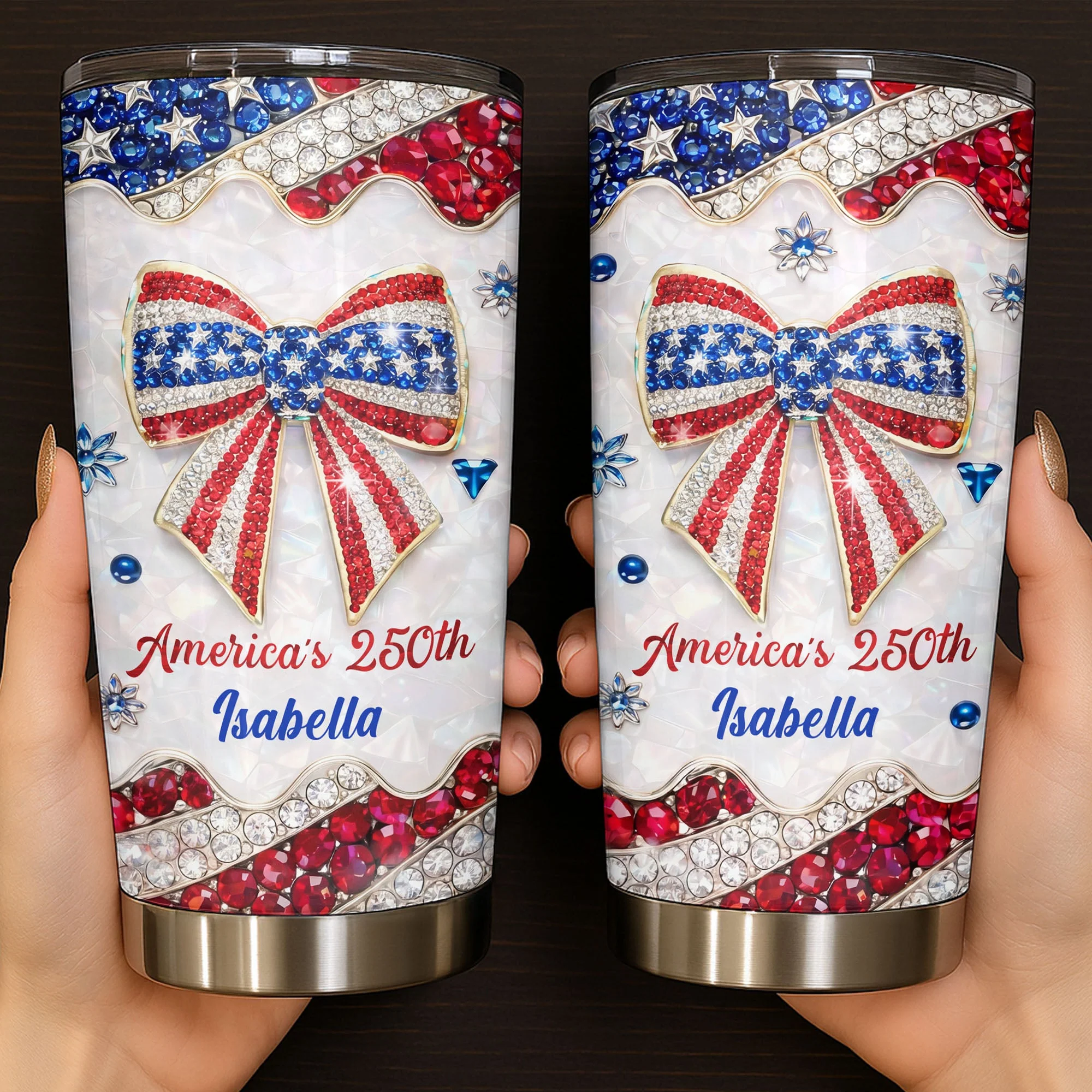 America's 250th Patriotic Bow With Jewels And Glitter - Personalized Stainless Steel Tumbler - Gift For Patriotic Women - Image 3