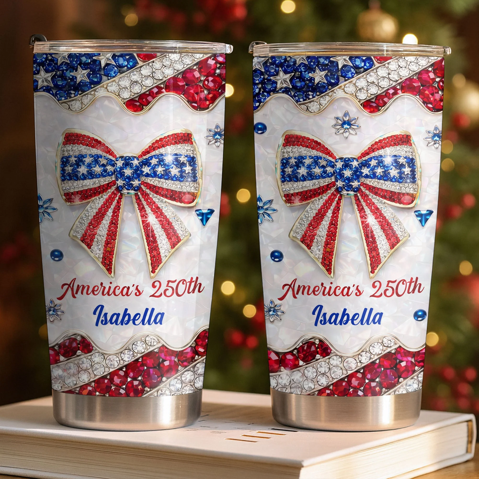 America's 250th Patriotic Bow With Jewels And Glitter - Personalized Stainless Steel Tumbler - Gift For Patriotic Women - Image 4