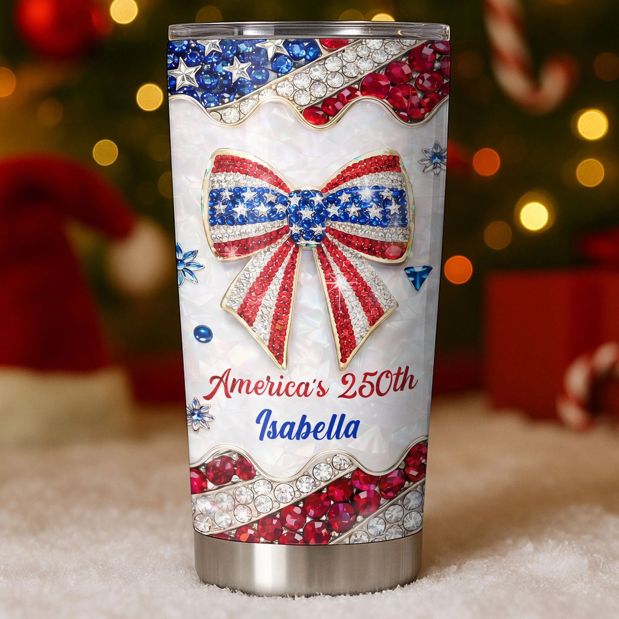 America's 250th Patriotic Bow With Jewels And Glitter - Personalized Stainless Steel Tumbler - Gift For Patriotic Women - Image 5