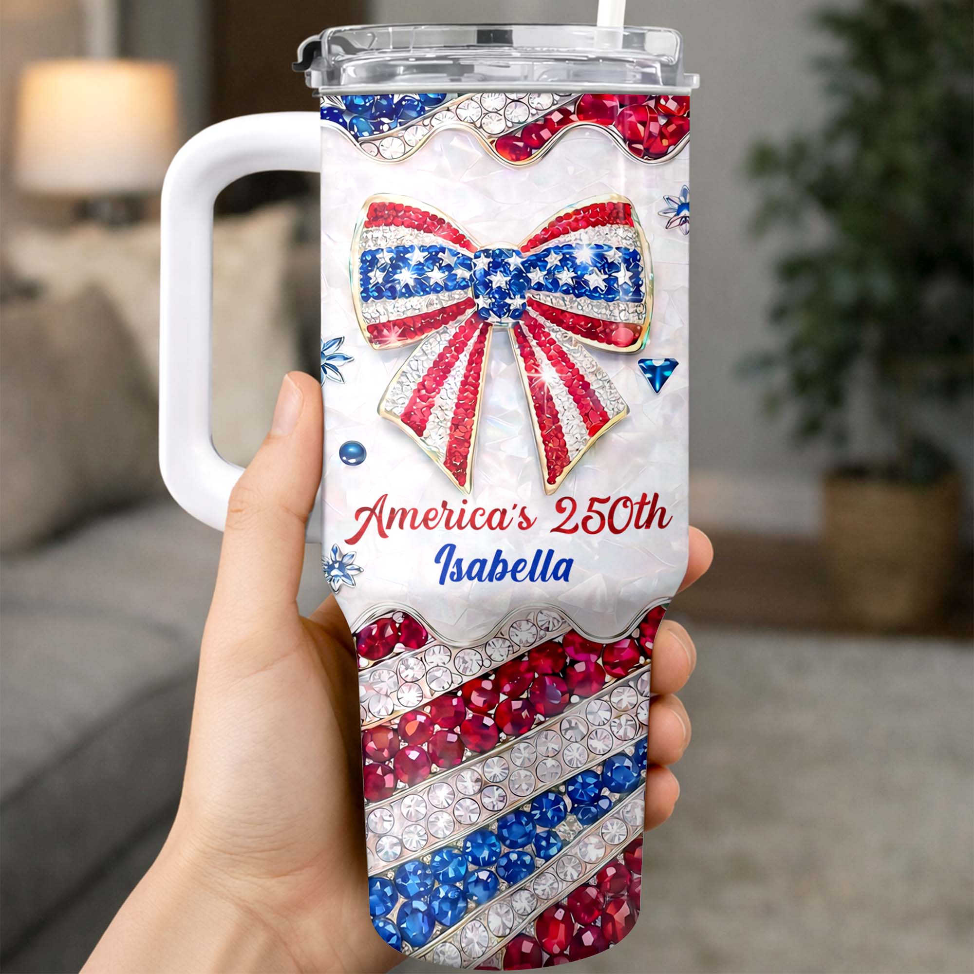 America's 250th Patriotic Bow With Jewels And Glitter - Personalized Tumbler - Gift For Patriotic Women