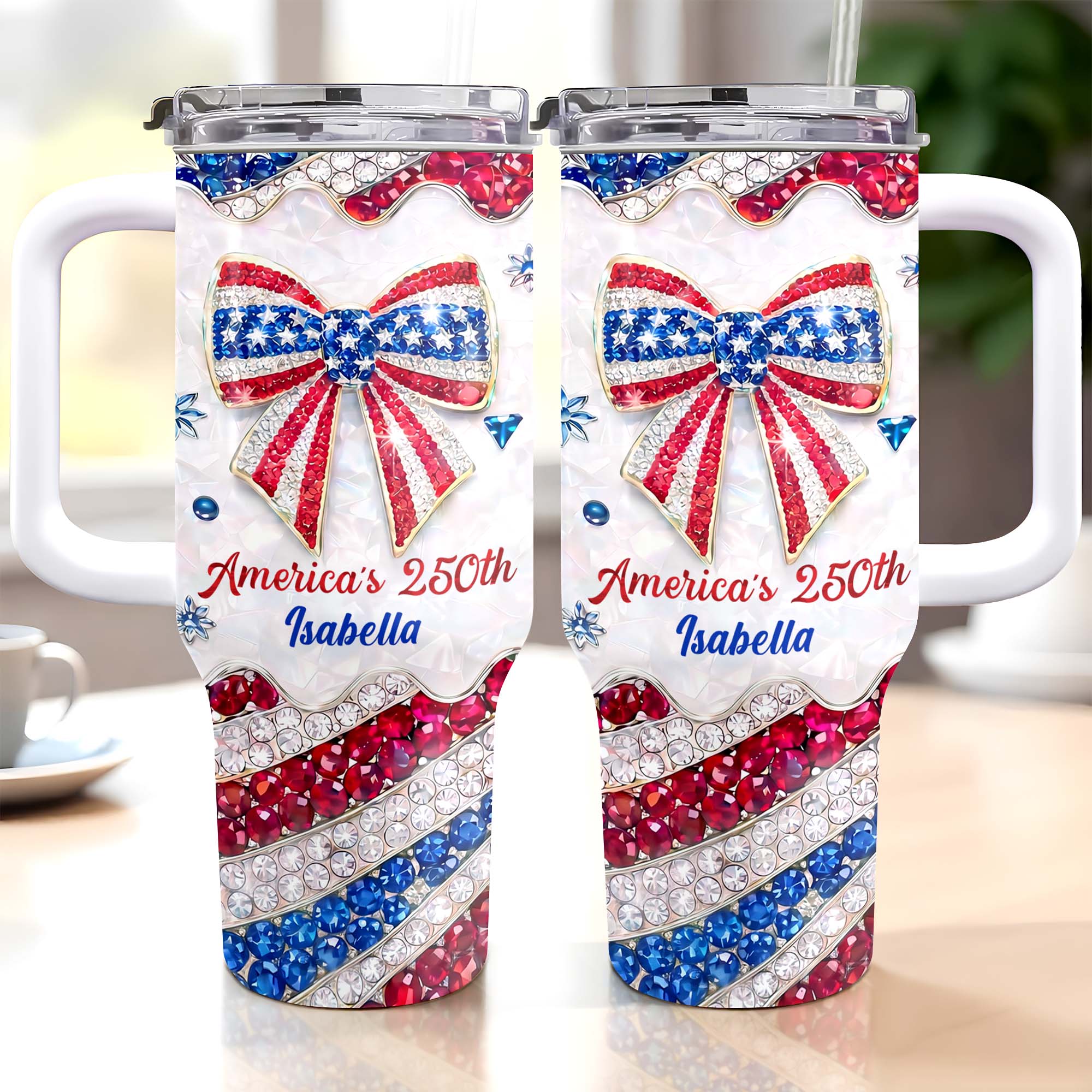 America's 250th Patriotic Bow With Jewels And Glitter - Personalized Tumbler - Gift For Patriotic Women - Image 2
