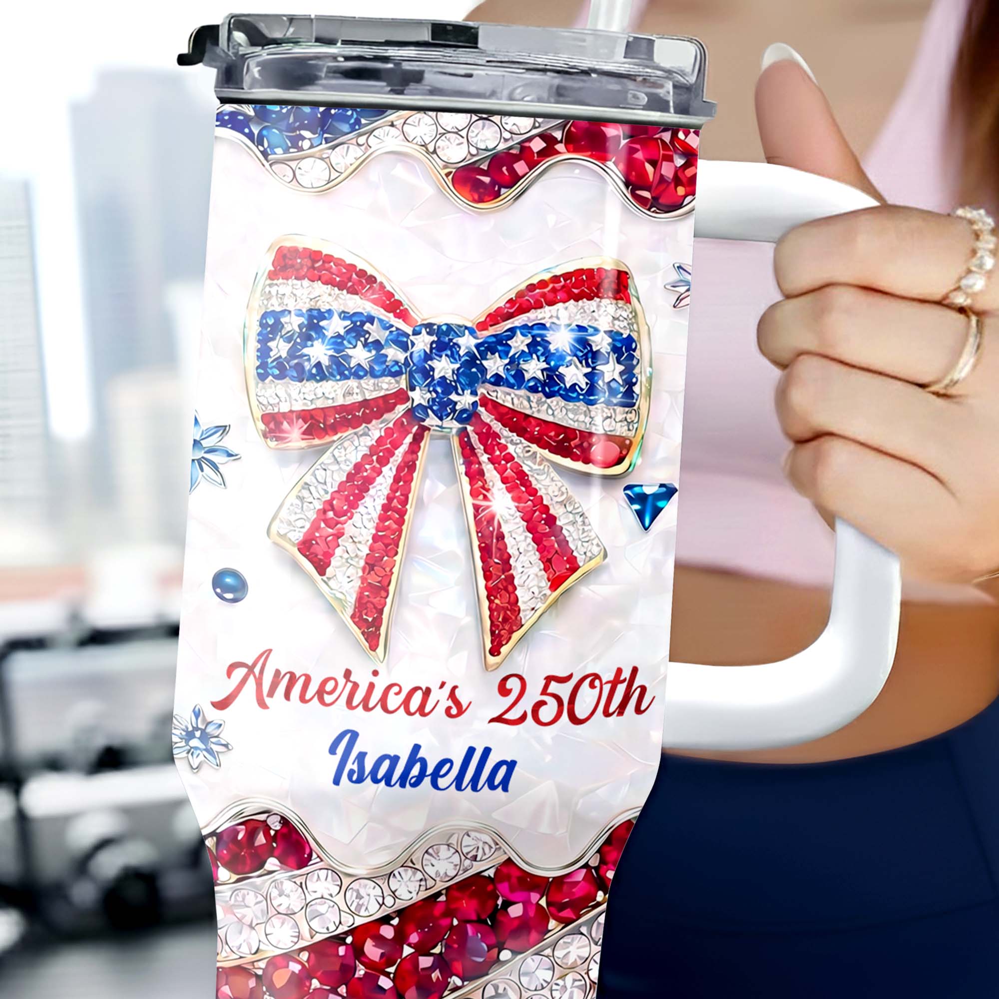 America's 250th Patriotic Bow With Jewels And Glitter - Personalized Tumbler - Gift For Patriotic Women - Image 3