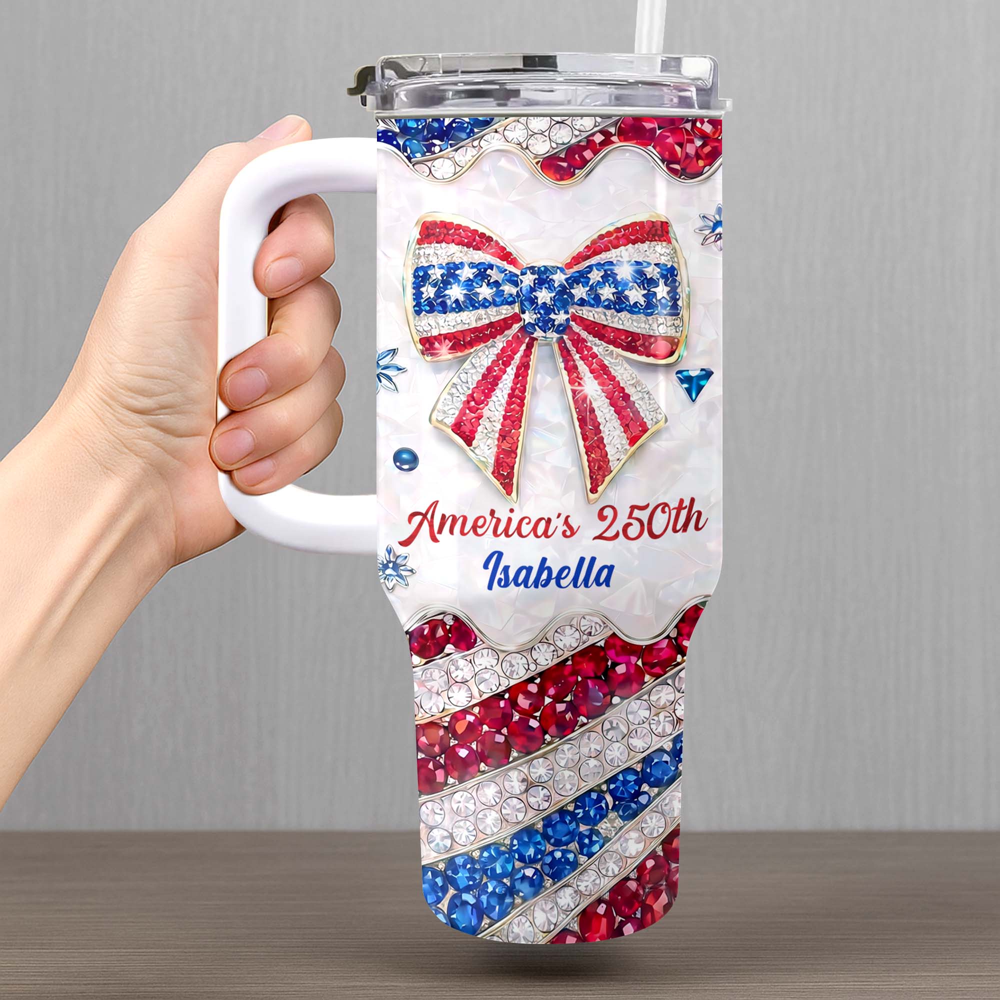 America's 250th Patriotic Bow With Jewels And Glitter - Personalized Tumbler - Gift For Patriotic Women - Image 4