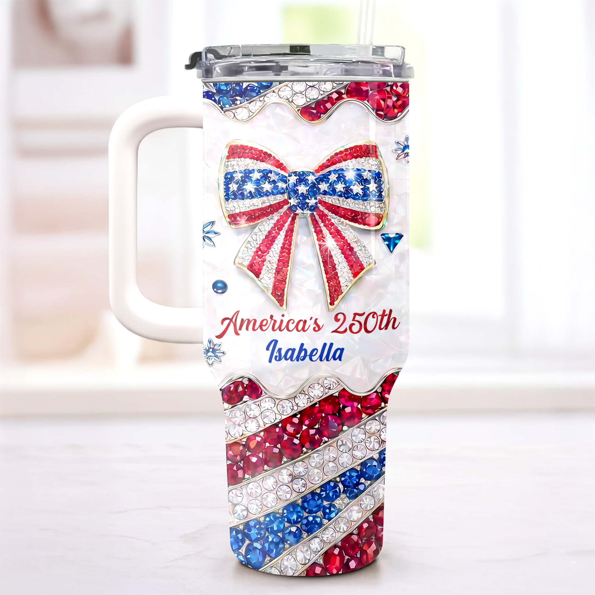 America's 250th Patriotic Bow With Jewels And Glitter - Personalized Tumbler - Gift For Patriotic Women - Image 7