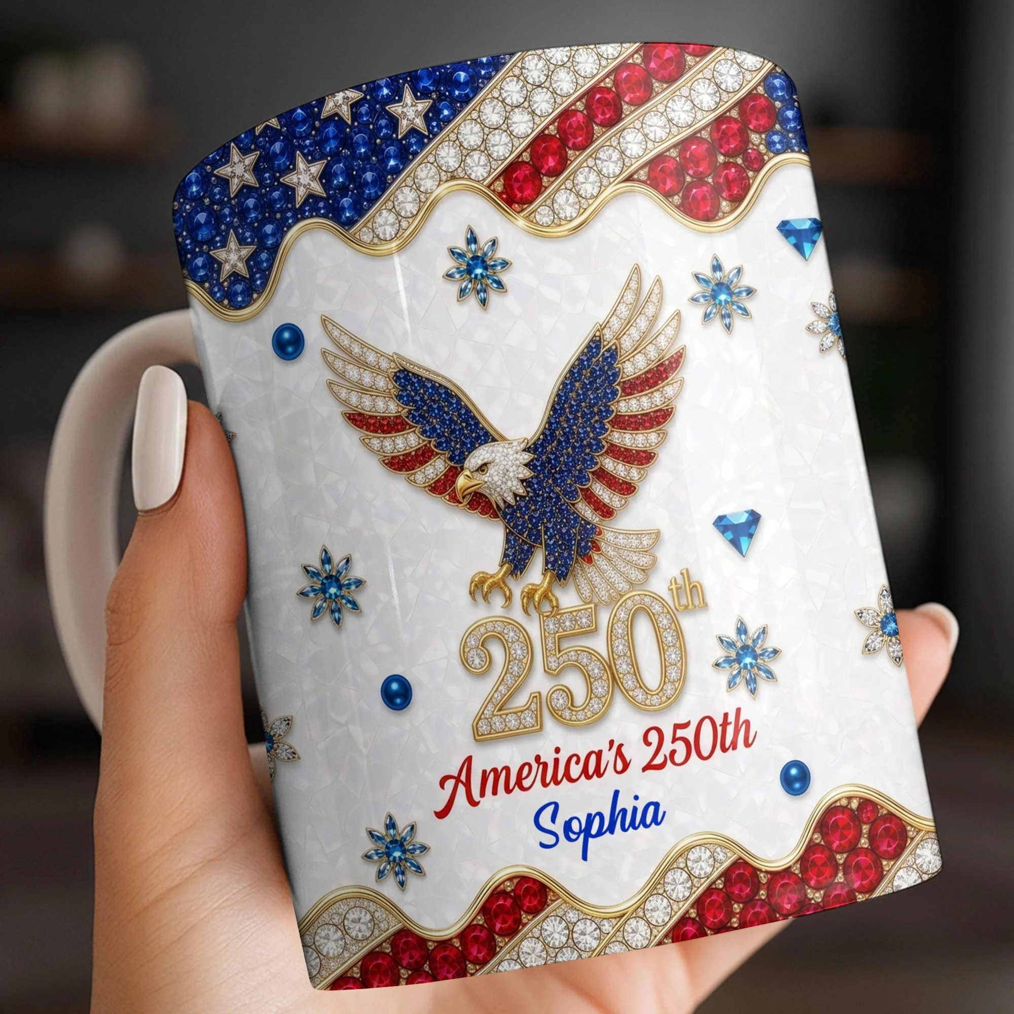 Americas 250th Patriotic Glitter Bald Eagle - Personalized White Mug - Gift For Her - Image 5