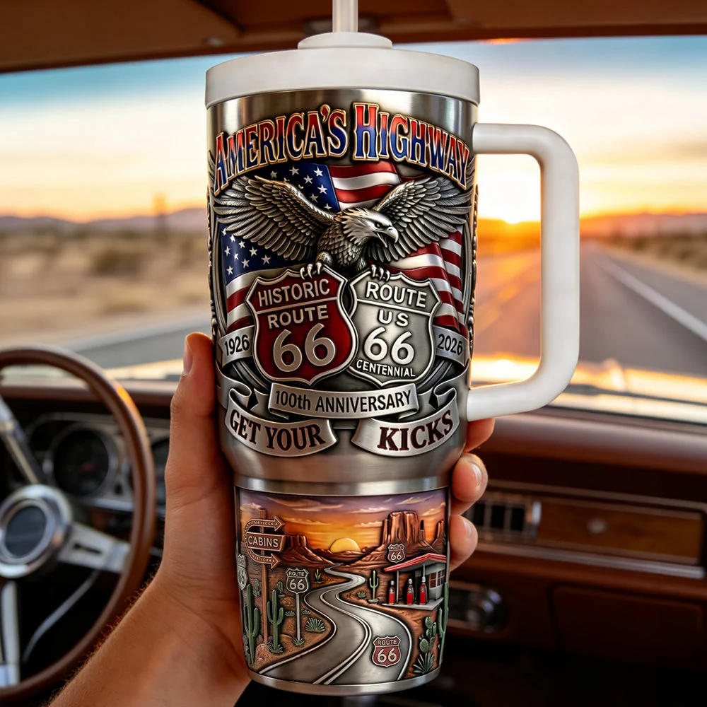 America’s Highway 250 Years Of Freedom Historic Route 66 100th Anniversary - Personalized Tumbler - Gift For Patriots, Road Trip Lovers