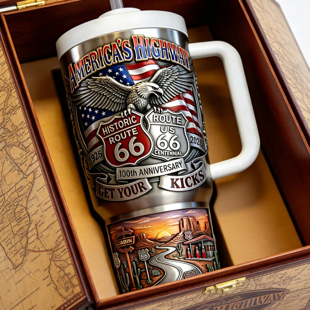 America’s Highway 250 Years Of Freedom Historic Route 66 100th Anniversary - Personalized Tumbler - Gift For Patriots, Road Trip Lovers - Image 2