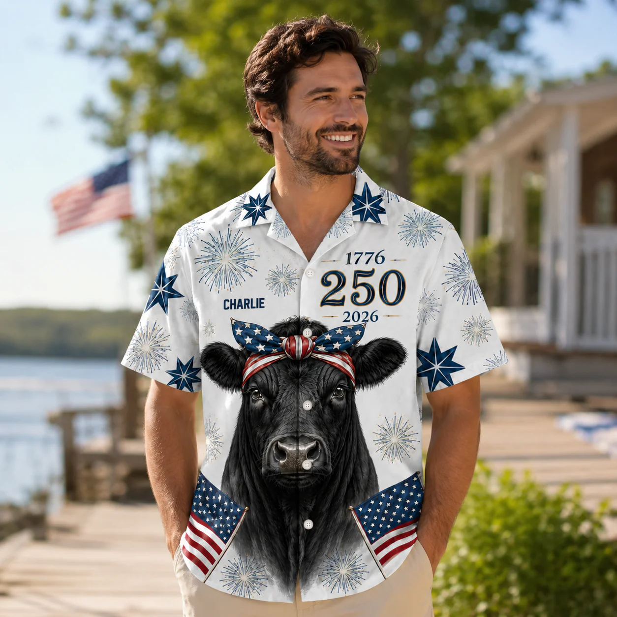 Angus Cow Heifer Patriotic American Flag Bandana 250th - Personalized Hawaiian Shirt - Gift For Family - Image 3
