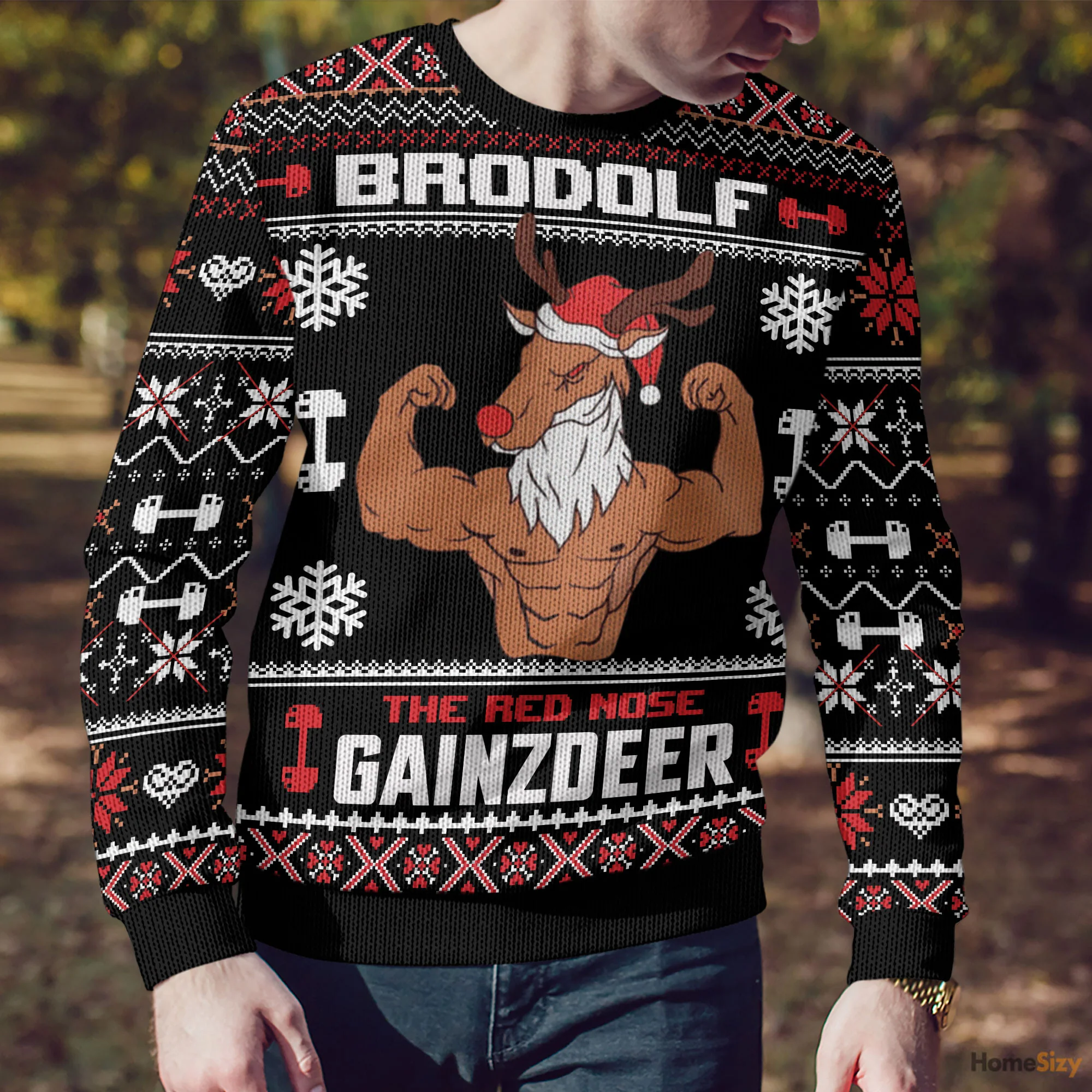 Animal Brodolf The Red Nose Gainzdeer Gym Ugly Christmas Sweater - Gift for Dad, Grandpa, Husband - Image 4