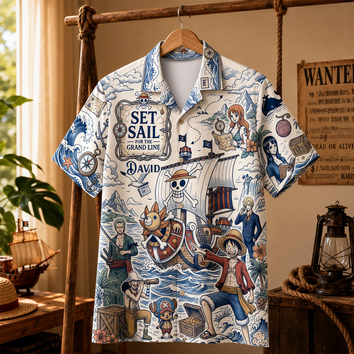 Toile De jouy Anime Pirate Crew Blue Treasure Map Adventure - Hawaiian Shirt - OnPi