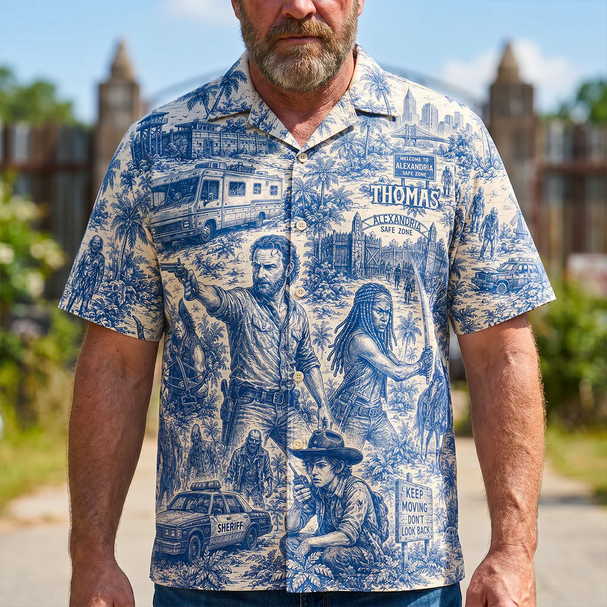 Toile De jouy Apocalypse Survivor Crew Blue Safe Zone - Hawaiian Shirt - Image 2