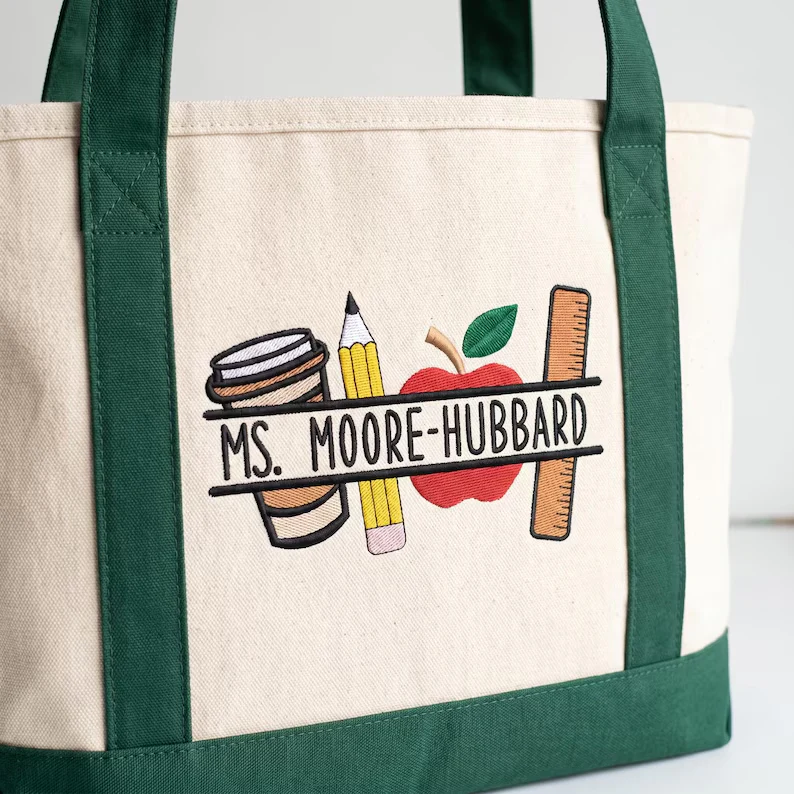 Apple Pencil Ruler Teacher - Personalized Embroidery Tote Bag - Gift For Students, Teacher
