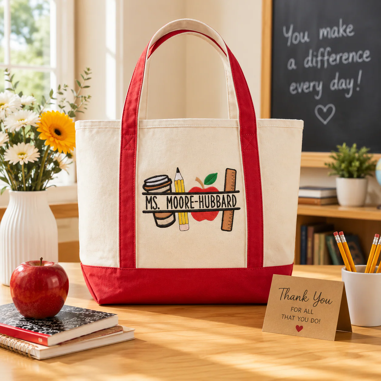 Apple Pencil Ruler Teacher - Personalized Embroidery Tote Bag - Gift For Students, Teacher - Image 3