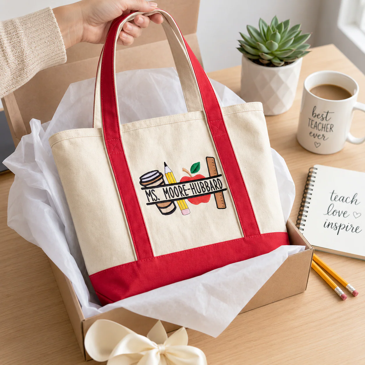 Apple Pencil Ruler Teacher - Personalized Embroidery Tote Bag - Gift For Students, Teacher - Image 5