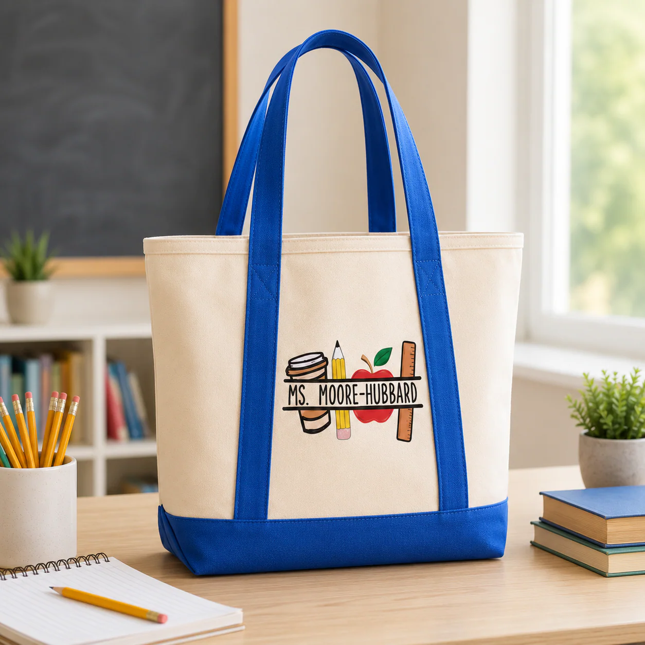 Apple Pencil Ruler Teacher - Personalized Embroidery Tote Bag - Gift For Students, Teacher - Image 6