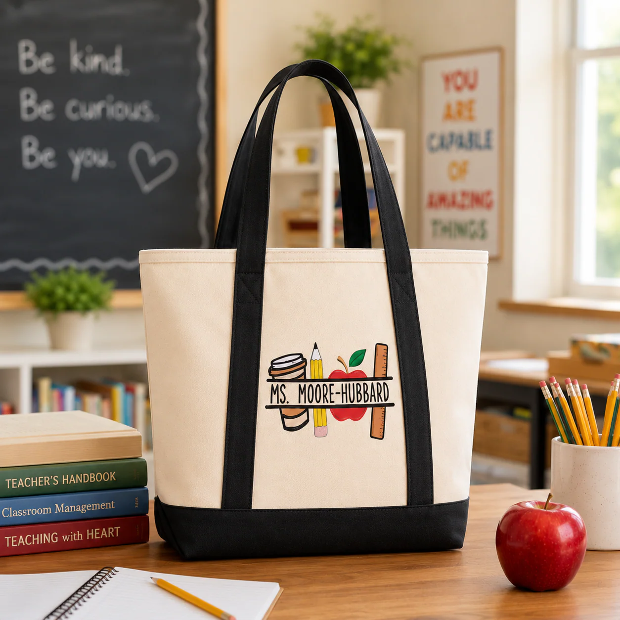 Apple Pencil Ruler Teacher - Personalized Embroidery Tote Bag - Gift For Students, Teacher - Image 7