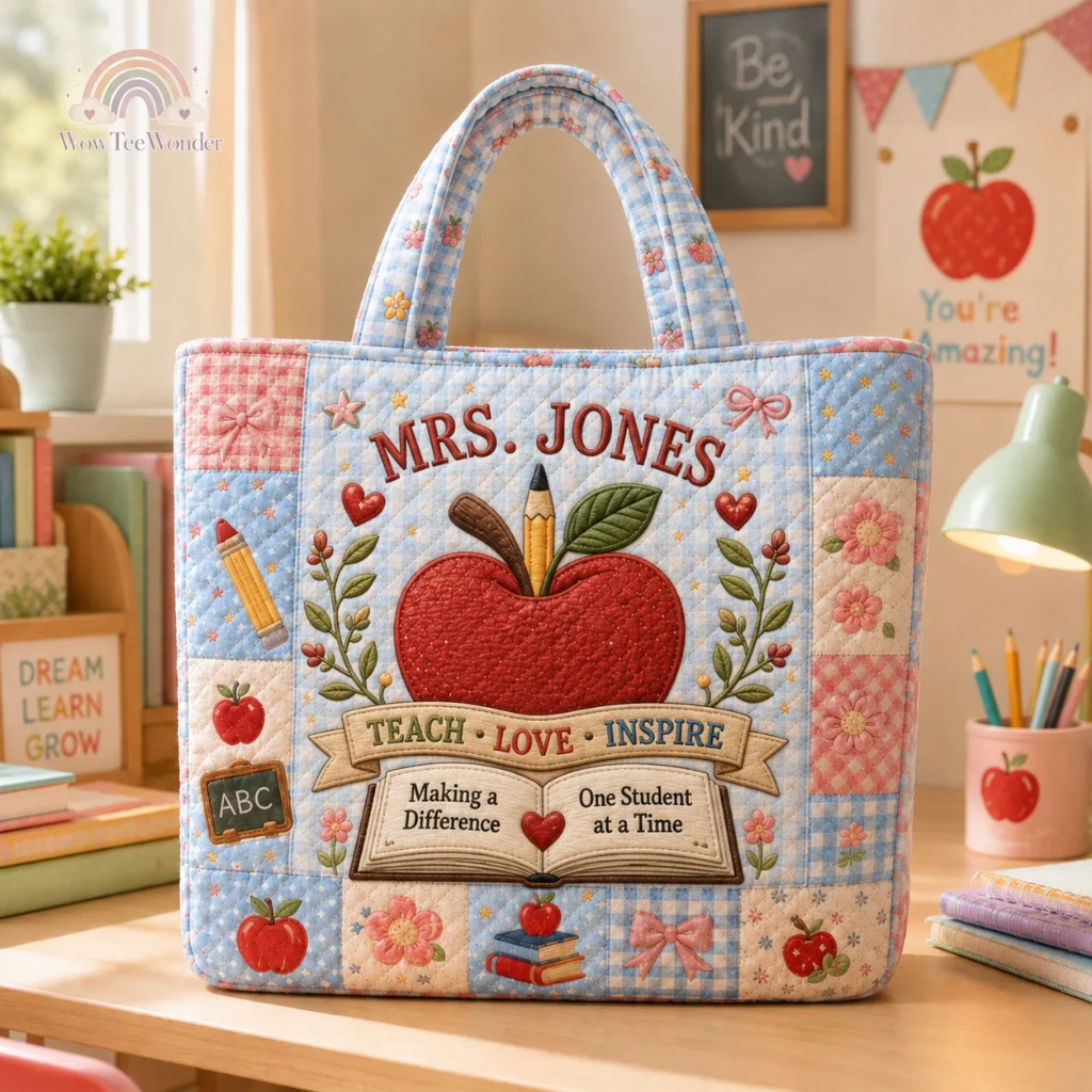 Apple Teacher Love Inspire Making A Difference One Student At A Time - Personalized Quilted Tote Bag - Gift For Teacher
