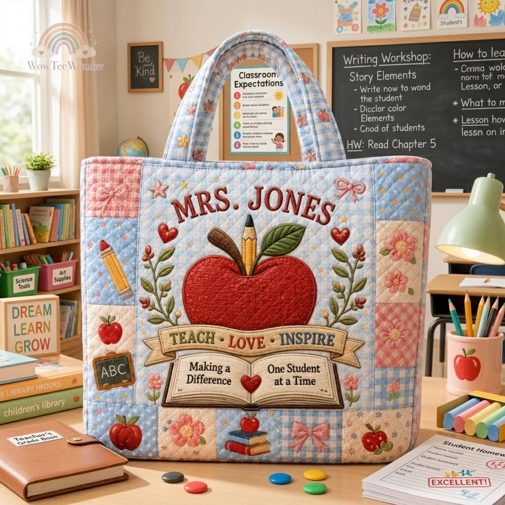 Apple Teacher Love Inspire Making A Difference One Student At A Time - Personalized Quilted Tote Bag - Gift For Teacher - Image 2