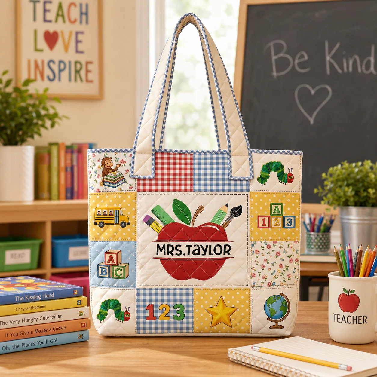 Back To School Apple Pencil Teacher - Personalized Quilted Tote Bag - Gift For Teacher