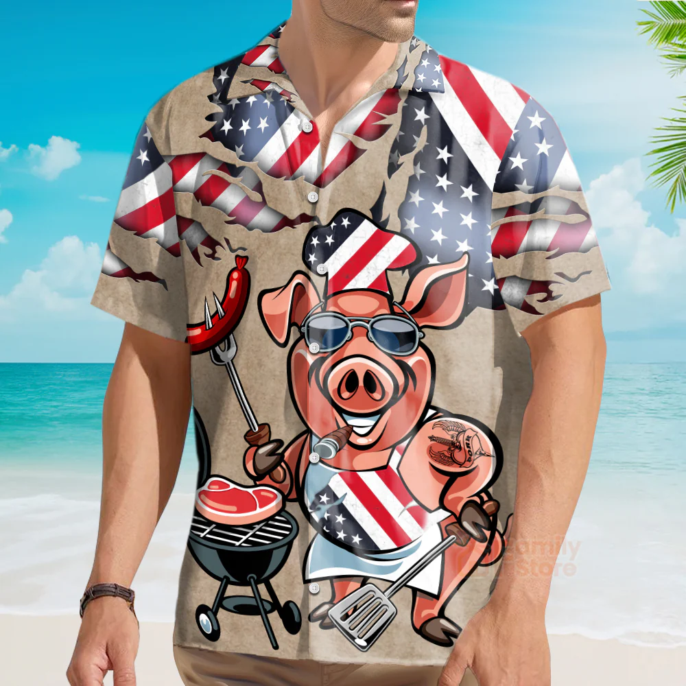 BBQ Pig Cooker Chest Pocket Short Sleeve Casual Shirt Hawaiian Shirt - Image 4