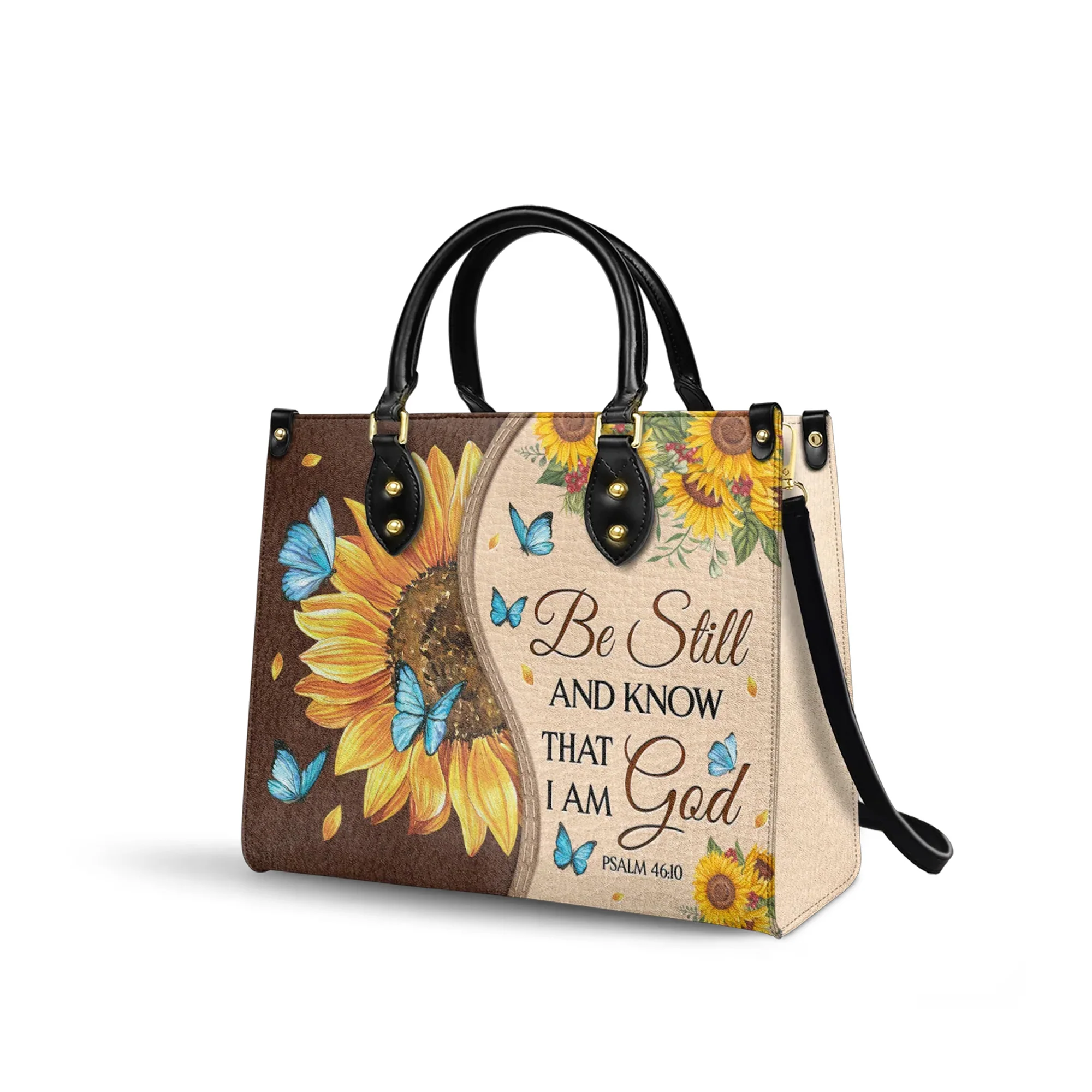 Be Still and Know That I Am God Psalm 46:10 Sunflower - Leather Handbag - Image 4
