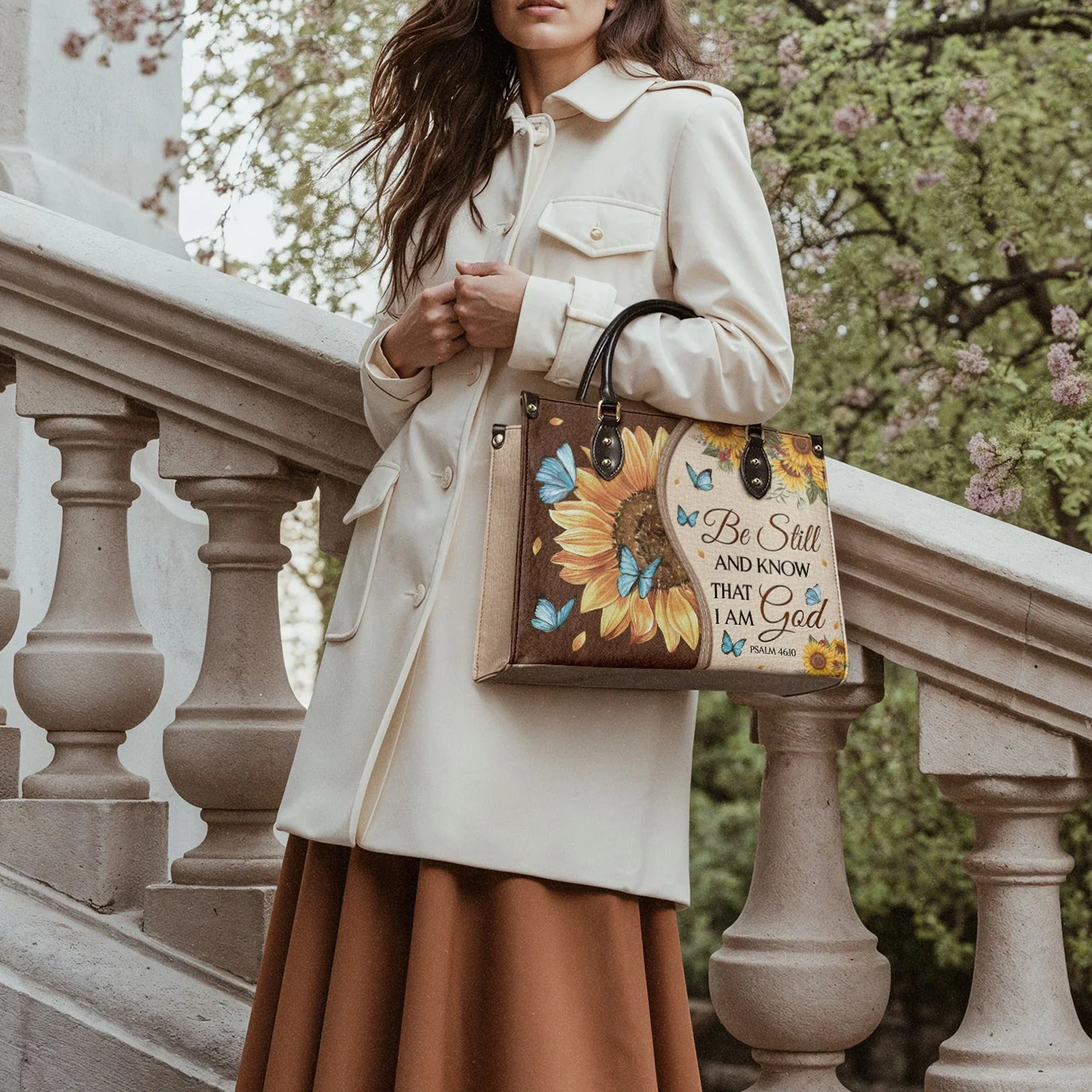 Be Still and Know That I Am God Psalm 46:10 Sunflower - Leather Handbag - Image 5