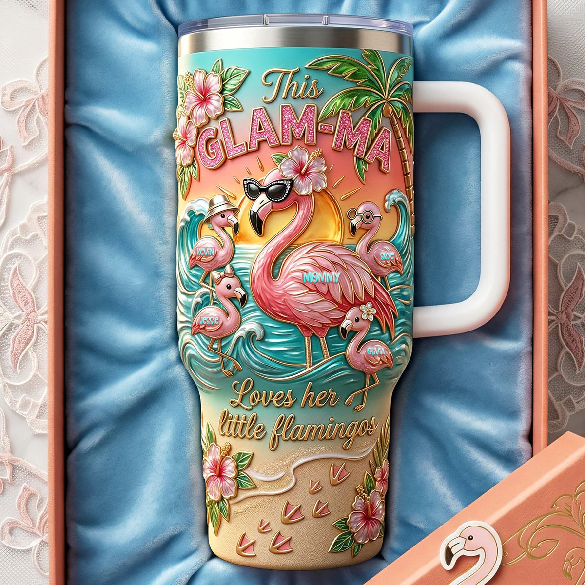 Beach Theme Flamingo Mom And Kids - Personalized Tumbler - Gift For Mom - Image 2