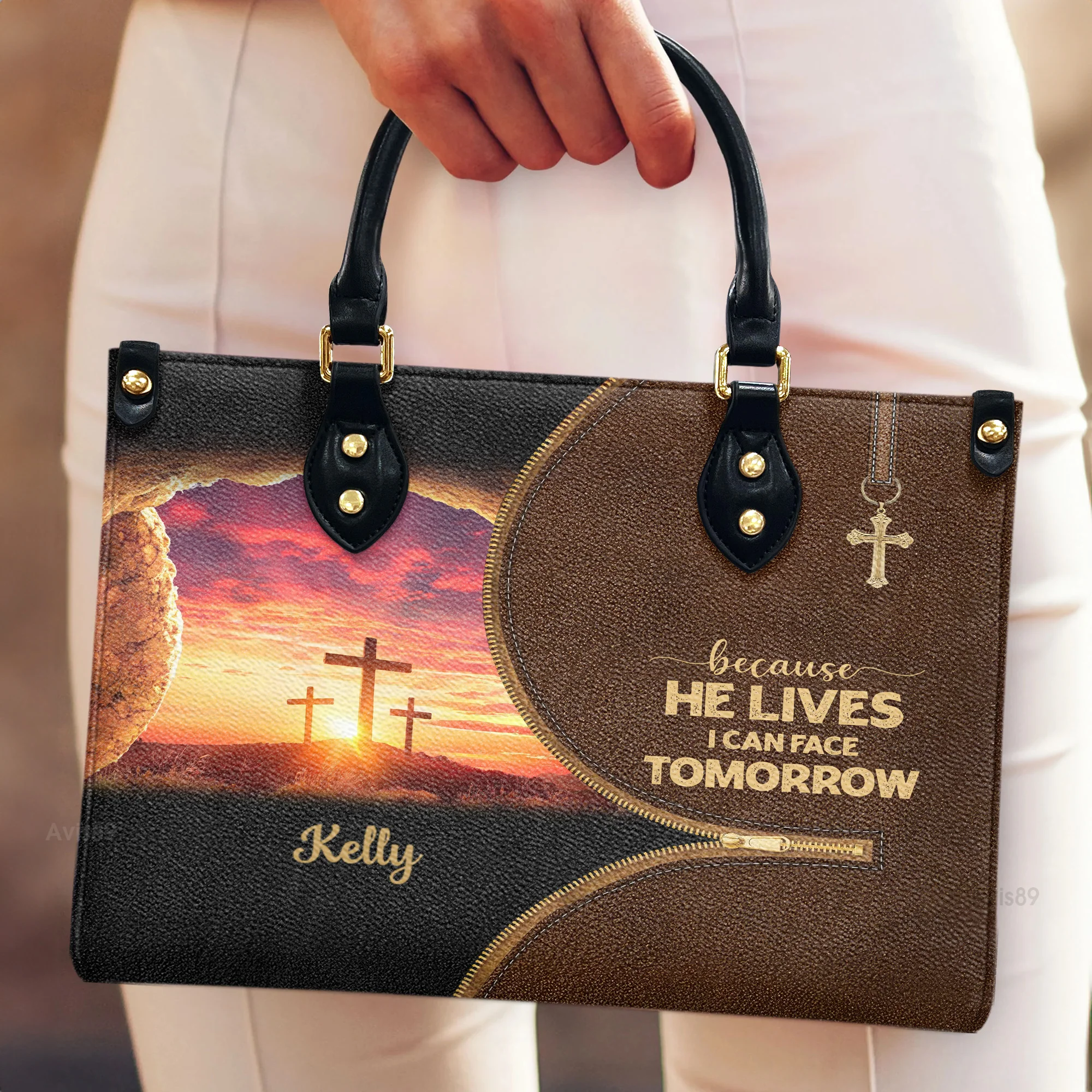Because He Lives, I Can Face Tomorrow - Scripture Gifts For Women Of God - Personalized Leather Bag Free Wallet Deal AT4080710 - Image 2