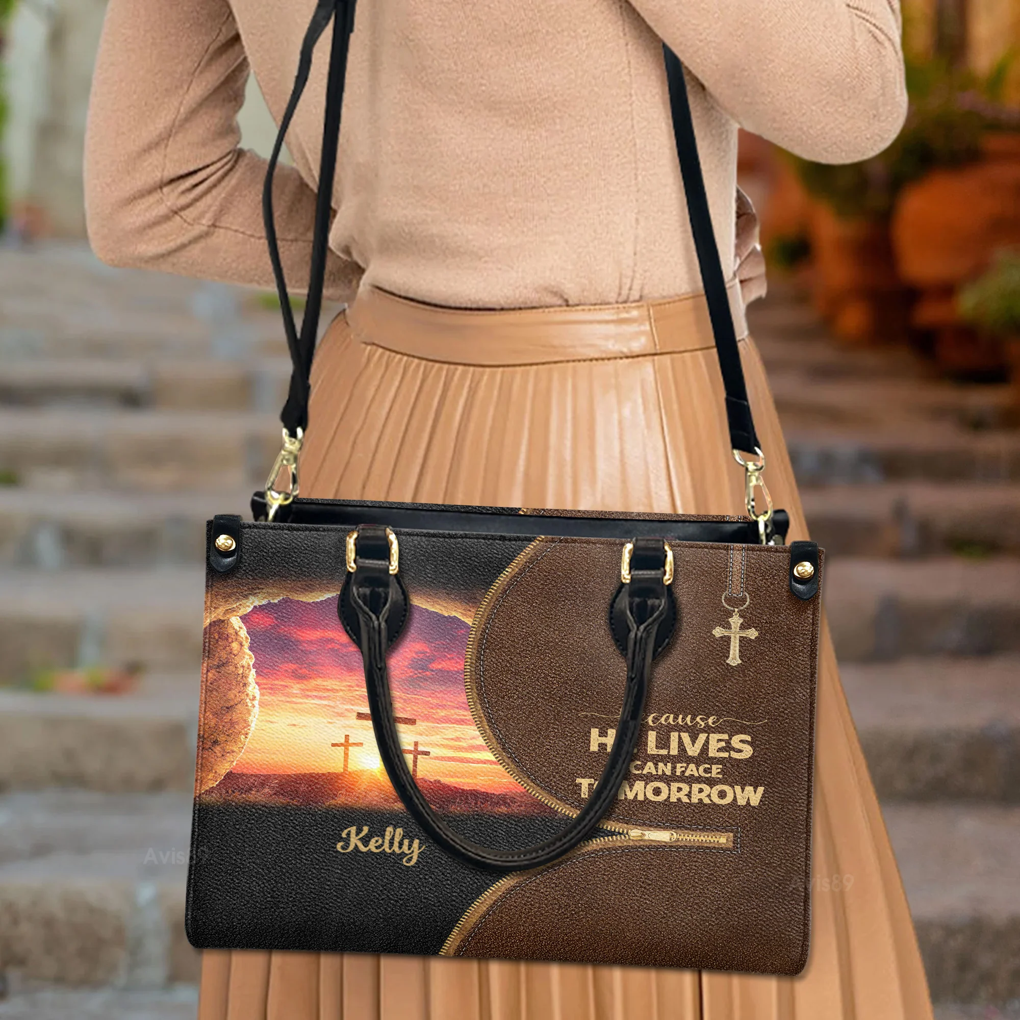 Because He Lives, I Can Face Tomorrow - Scripture Gifts For Women Of God - Personalized Leather Bag Free Wallet Deal AT4080710 - Image 3