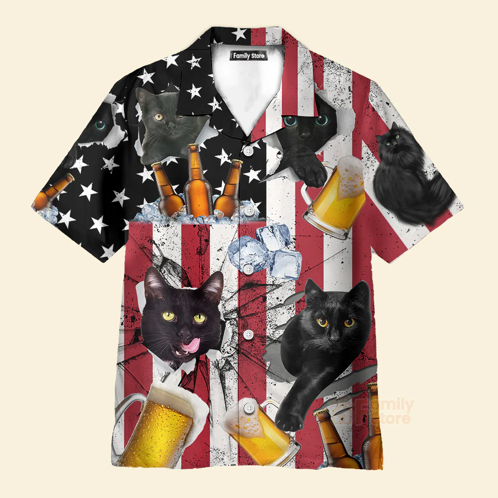 Beer And Black Cat American Flag Vintage - Hawaiian Shirt - Image 3