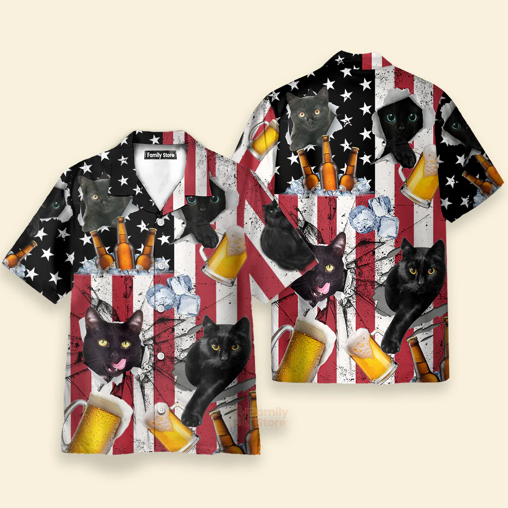 Beer And Black Cat American Flag Vintage - Hawaiian Shirt - Image 4