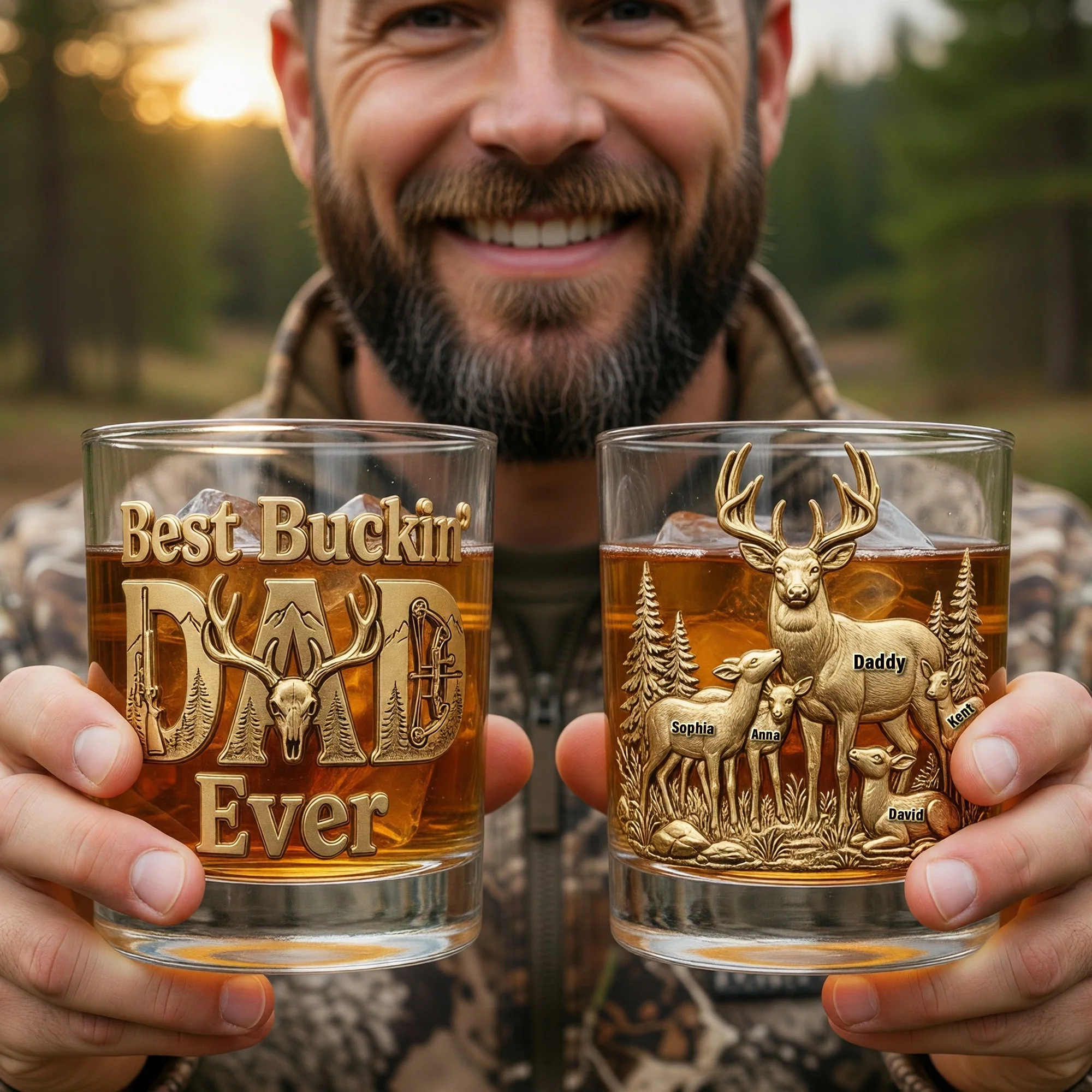 Best Buckin' Papa Ever Deer Hunting - Personalized Whiskey Glass - Gift For Dad, Grandpa - Image 3