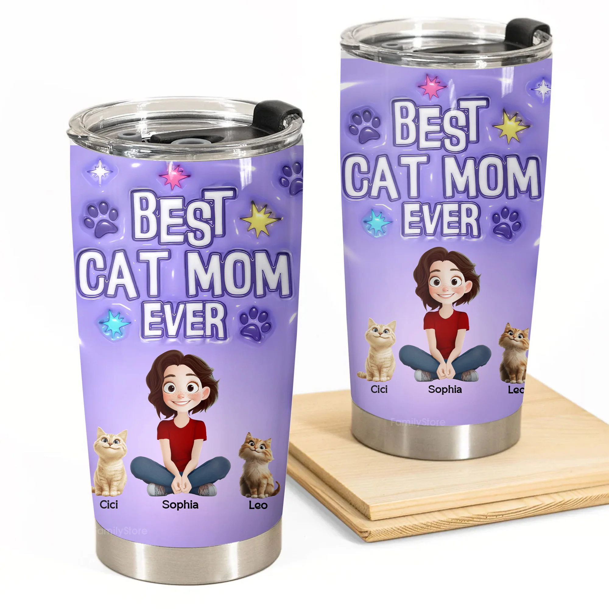 Best Cat Mom Ever 3D Inflated Effect Cartoon Cat - Personalized Tumbler Cup - Gift for Pet Owners, Pet Lovers, Cat Mom | CLP15 NH96