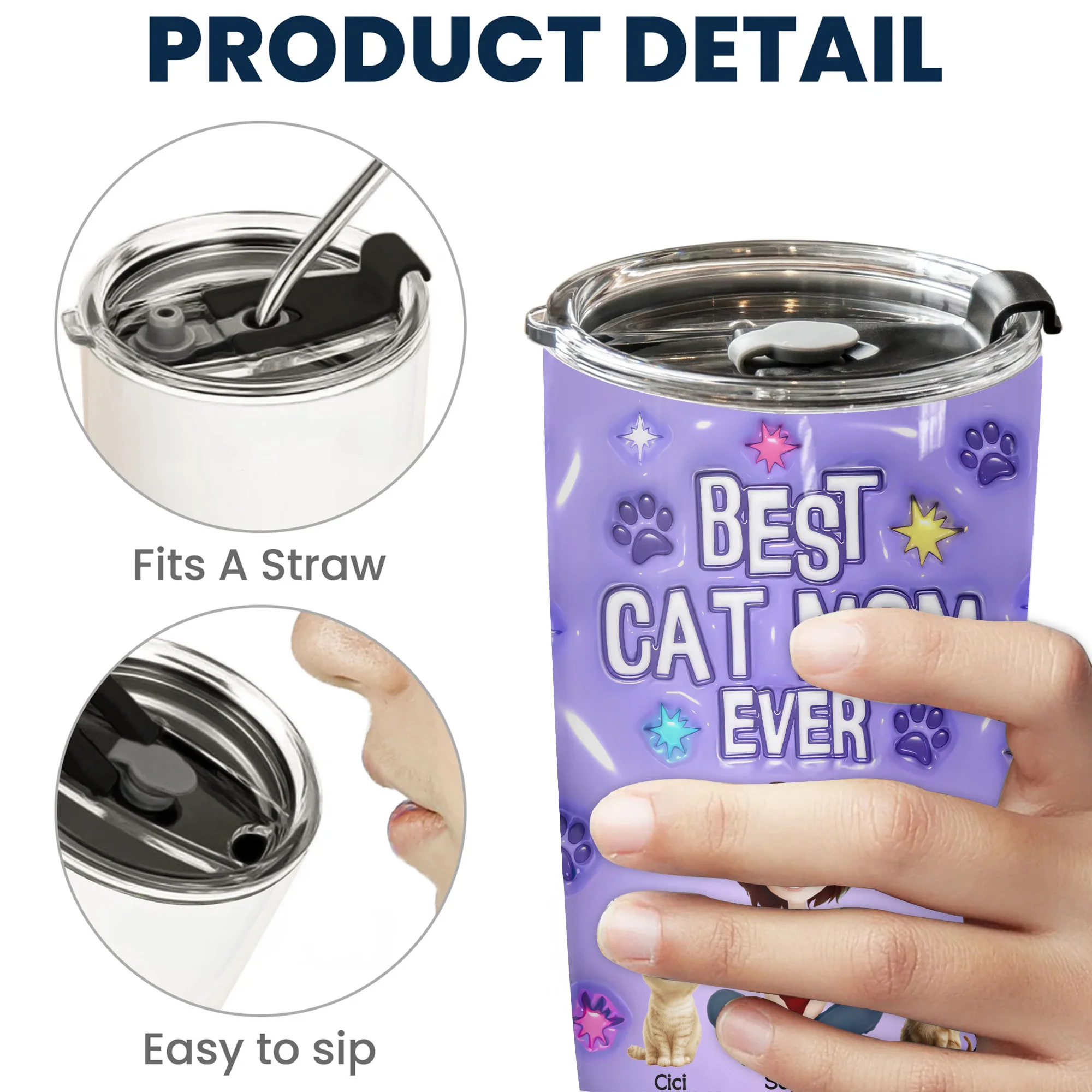 Best Cat Mom Ever 3D Inflated Effect Cartoon Cat - Personalized Tumbler Cup - Gift for Pet Owners, Pet Lovers, Cat Mom | CLP15 NH96 - Image 5
