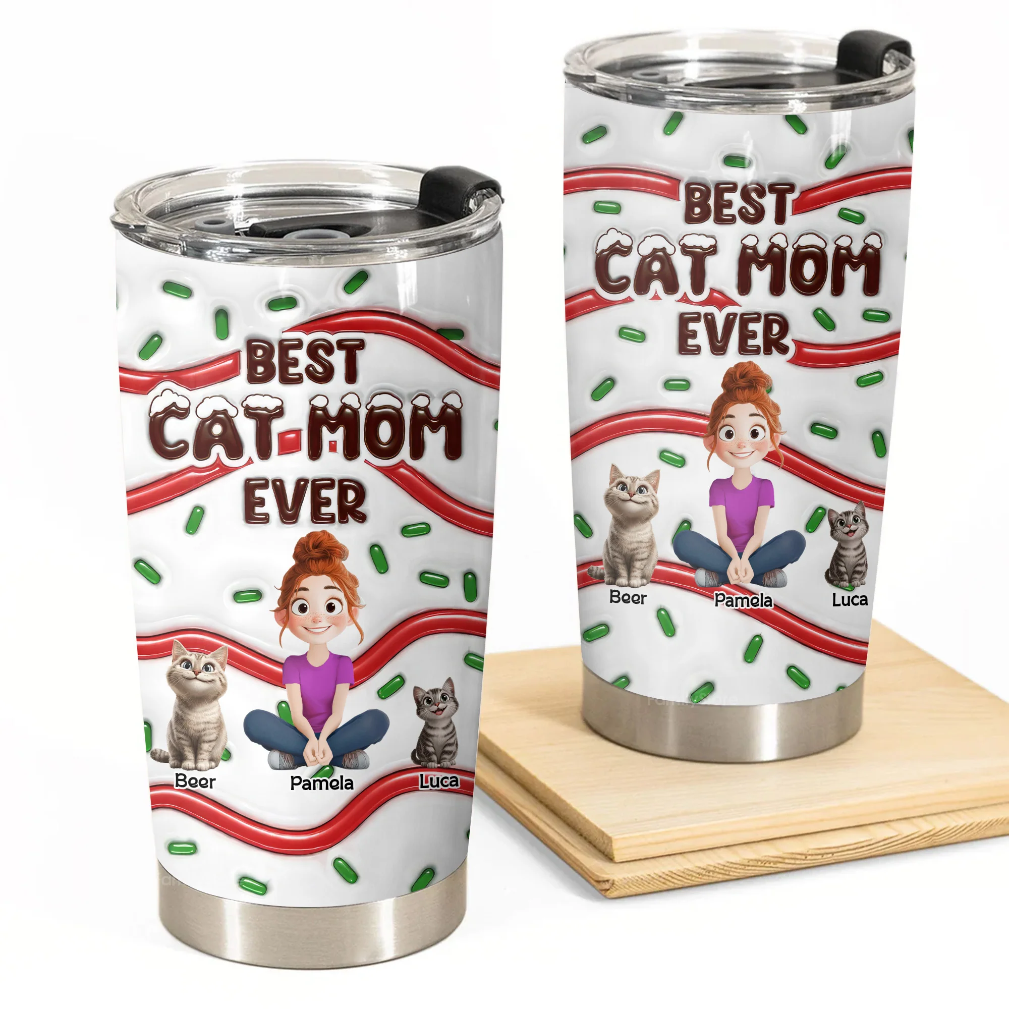 Best Cat Mom Ever Cake Pattern 3D Inflated Effect Cartoon Cat - Personalized Tumbler Cup - Gift for Pet Owners, Pet Lovers, Cat Mom | CLP15.V3 - NH96
