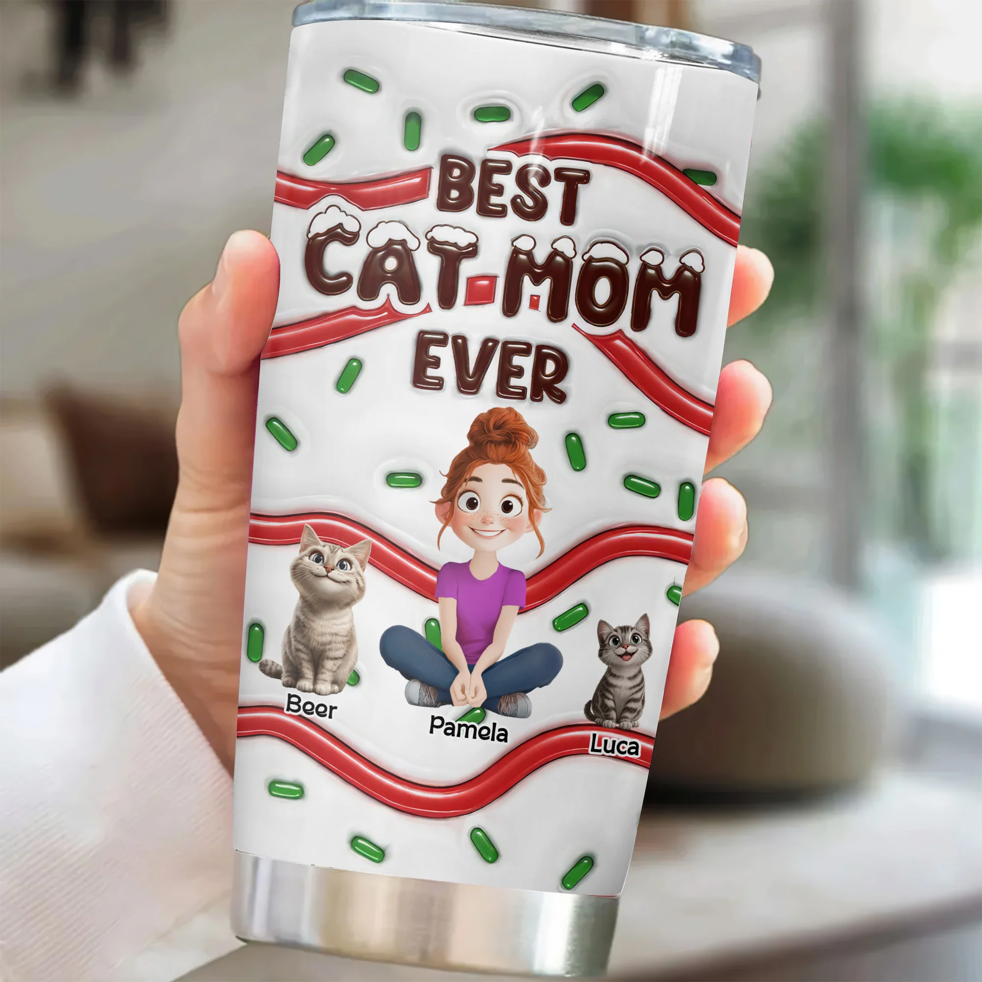 Best Cat Mom Ever Cake Pattern 3D Inflated Effect Cartoon Cat - Personalized Tumbler Cup - Gift for Pet Owners, Pet Lovers, Cat Mom | CLP15.V3 - NH96 - Image 2