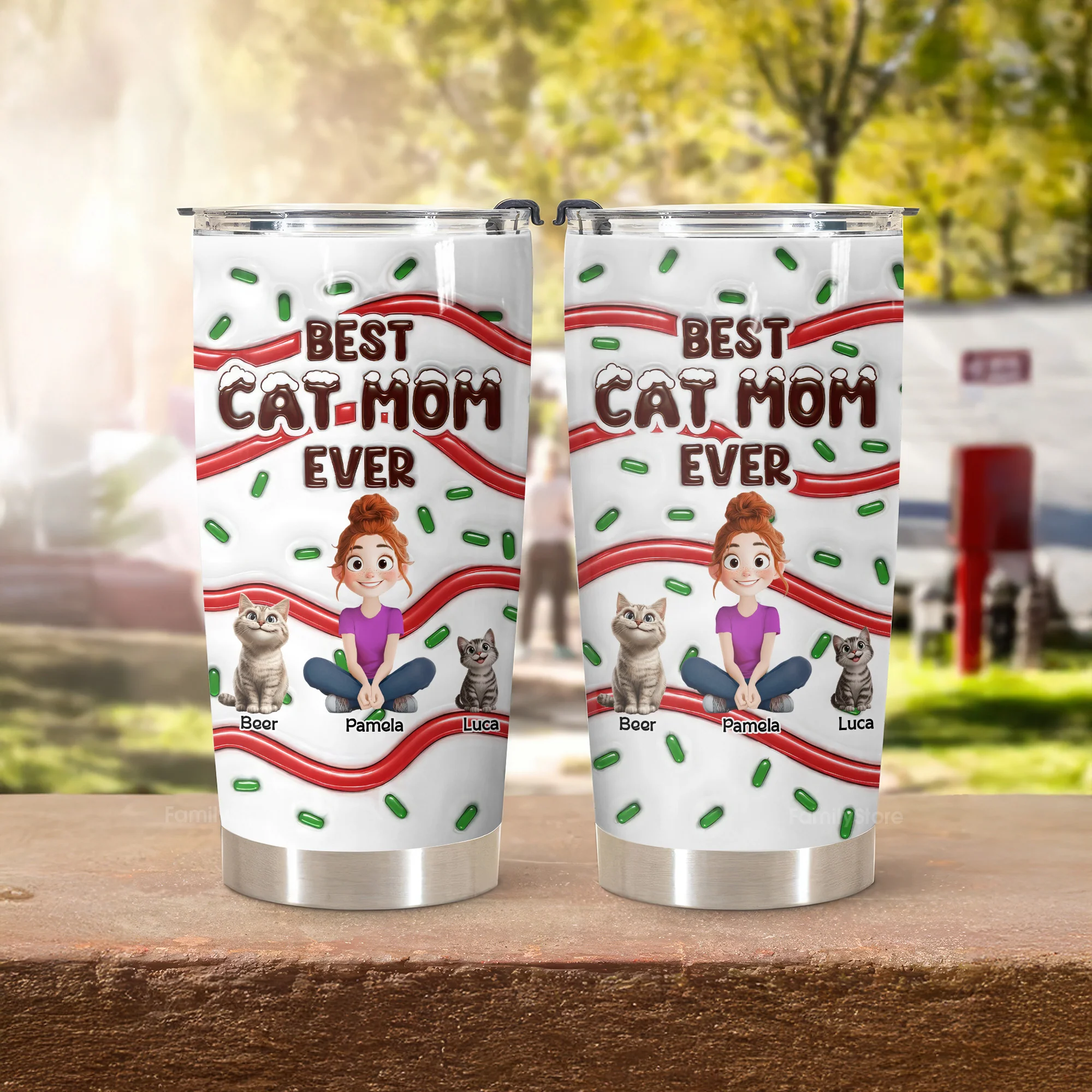 Best Cat Mom Ever Cake Pattern 3D Inflated Effect Cartoon Cat - Personalized Tumbler Cup - Gift for Pet Owners, Pet Lovers, Cat Mom | CLP15.V3 - NH96 - Image 3