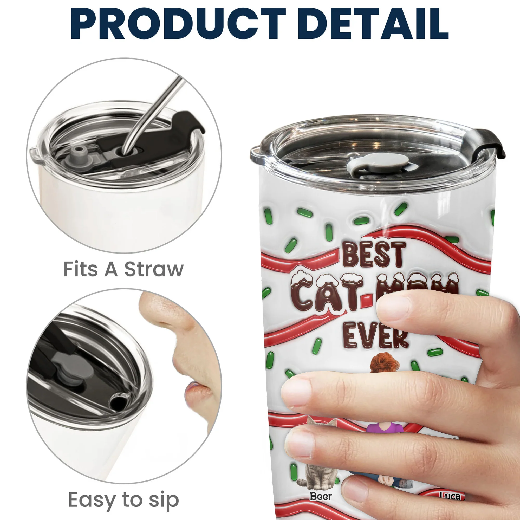 Best Cat Mom Ever Cake Pattern 3D Inflated Effect Cartoon Cat - Personalized Tumbler Cup - Gift for Pet Owners, Pet Lovers, Cat Mom | CLP15.V3 - NH96 - Image 5