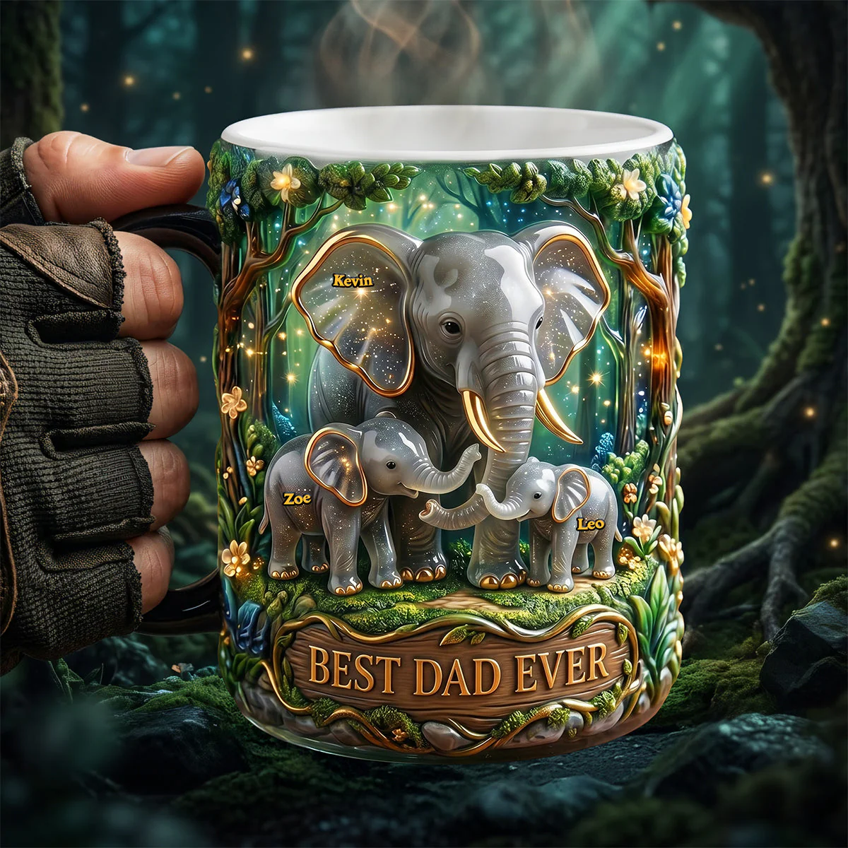 Best Dad Ever 3D Elephant Family In Forest - Personalized Mug - Gift For Dad