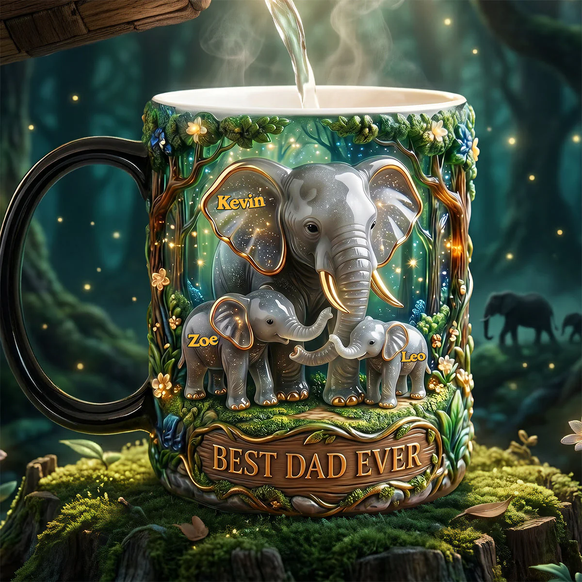 Best Dad Ever 3D Elephant Family In Forest - Personalized Mug - Gift For Dad - Image 2