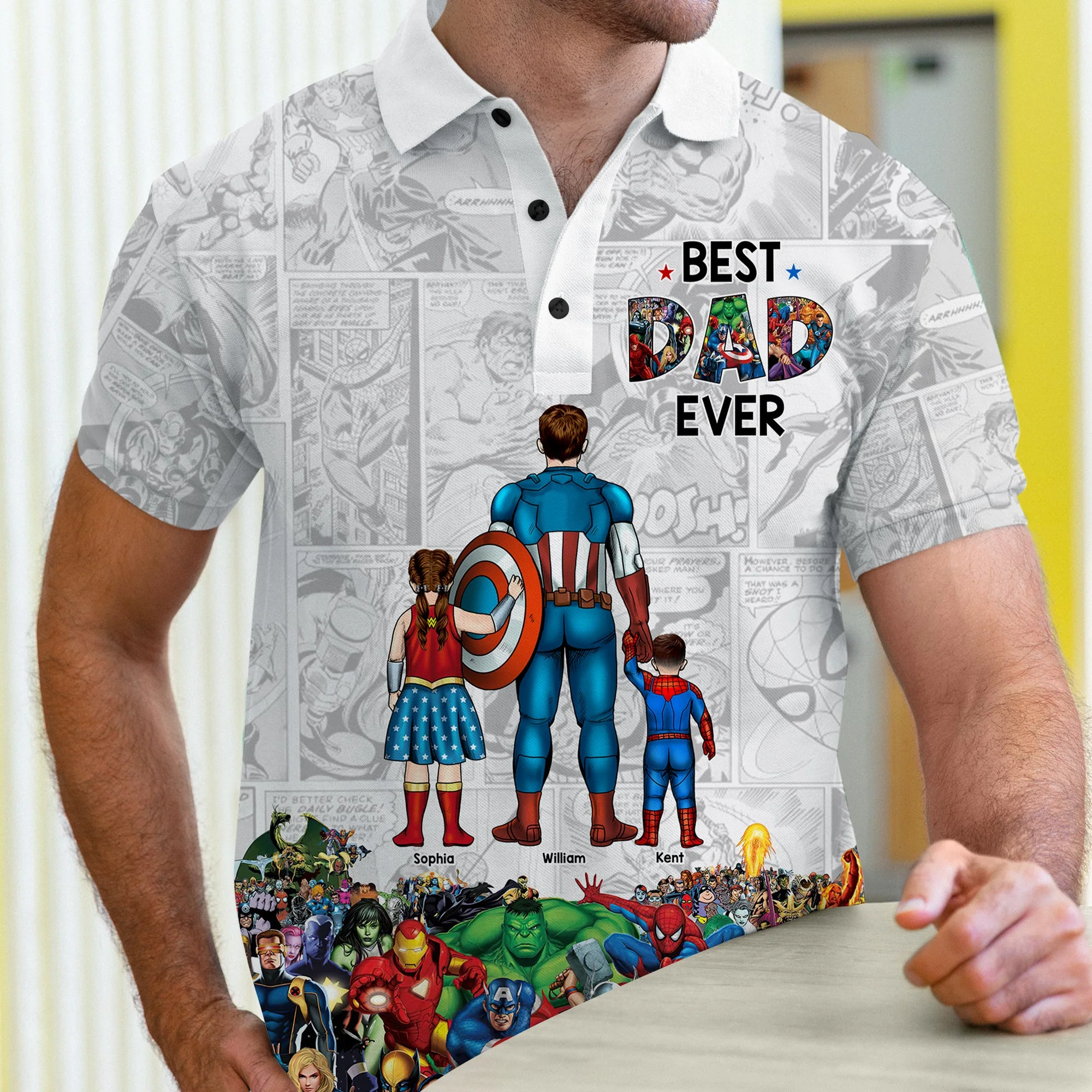Best Dad Ever Superhero Marvel - Personalized All over Print Polo - Gift for Dad, Father's Day | CL02 - Image 2