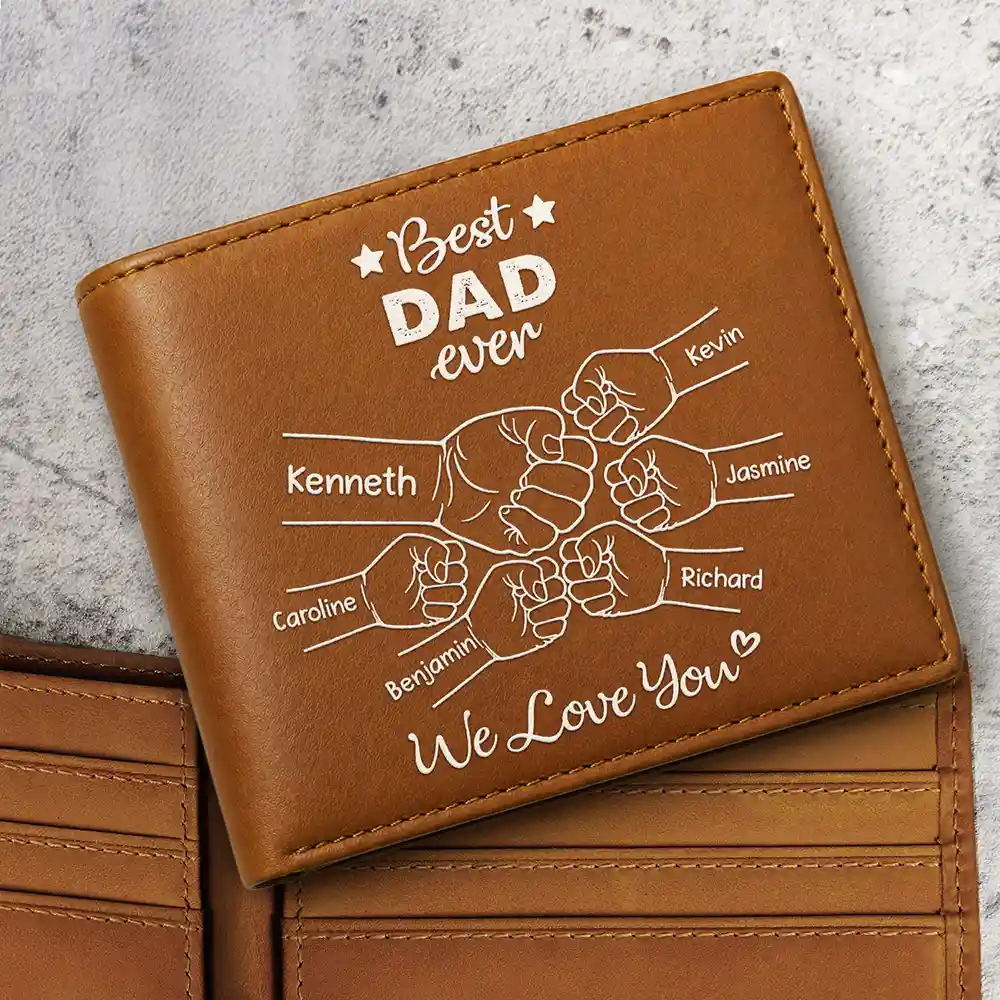 Best Dad Grandpa Ever Fist Bump - Personalized Leather Wallet For Men - Gift For Dad, Grandpa