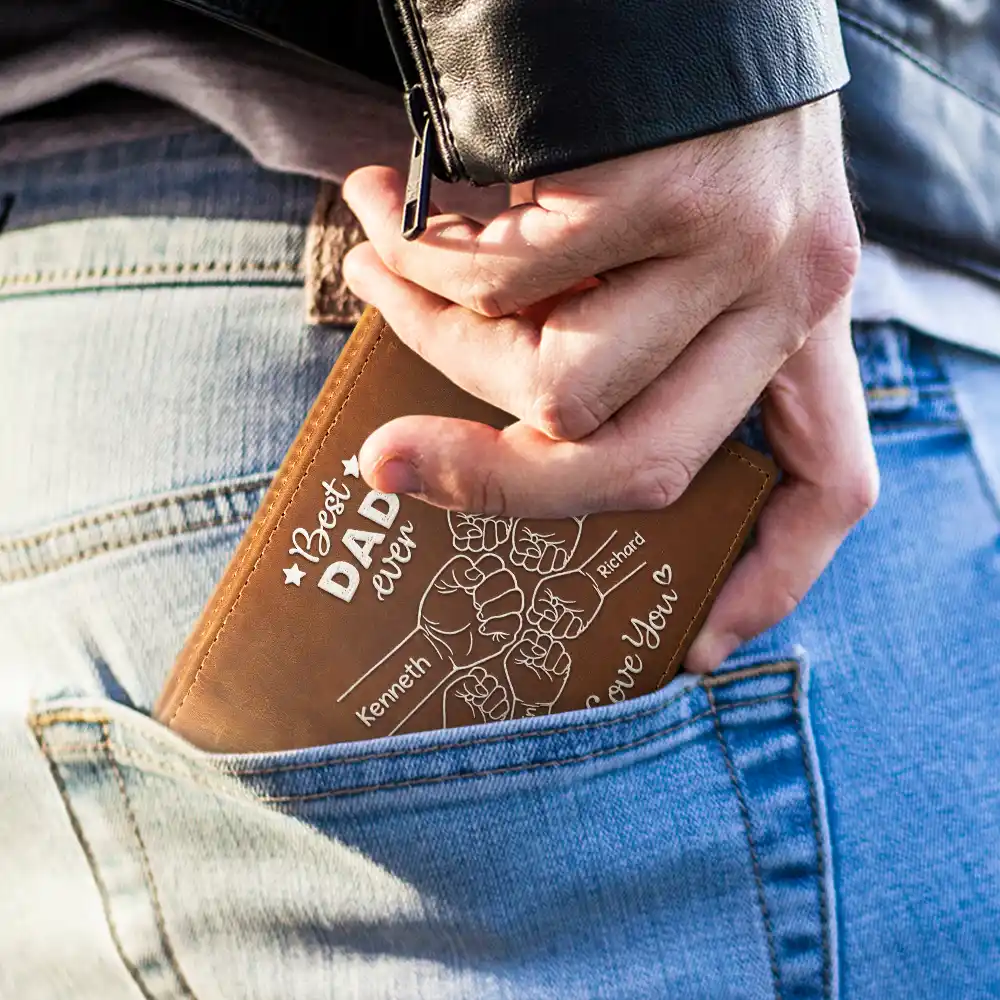Best Dad Grandpa Ever Fist Bump - Personalized Leather Wallet For Men - Gift For Dad, Grandpa - Image 3